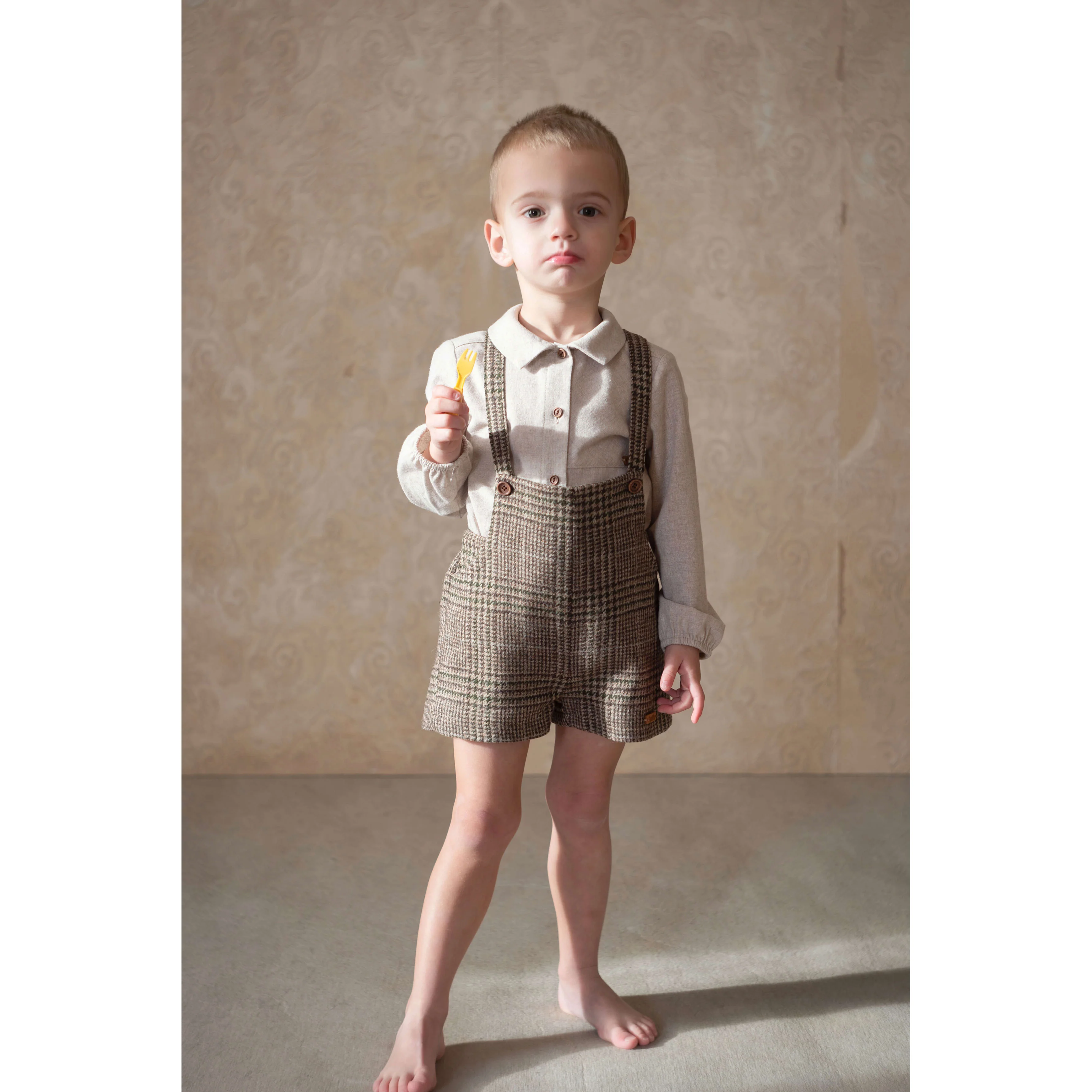 Popelin Brown Plaid Wool Suspender Shorts - Image 2