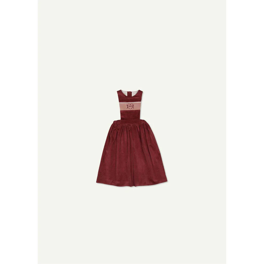 Popelin Burgundy Corduroy Emboidered Dungaree Dress