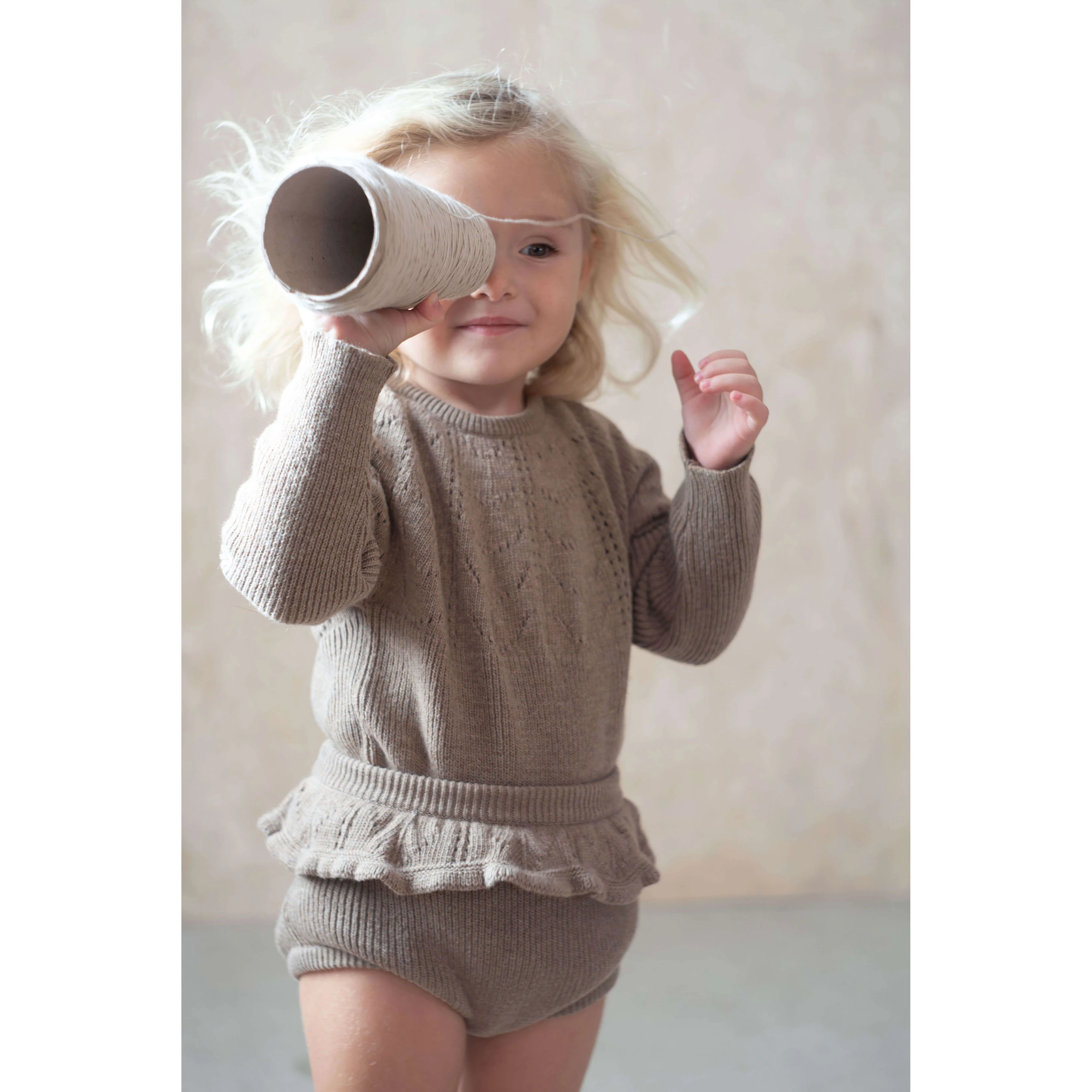 Popelin Camel Openwork Knit Romper - Image 2