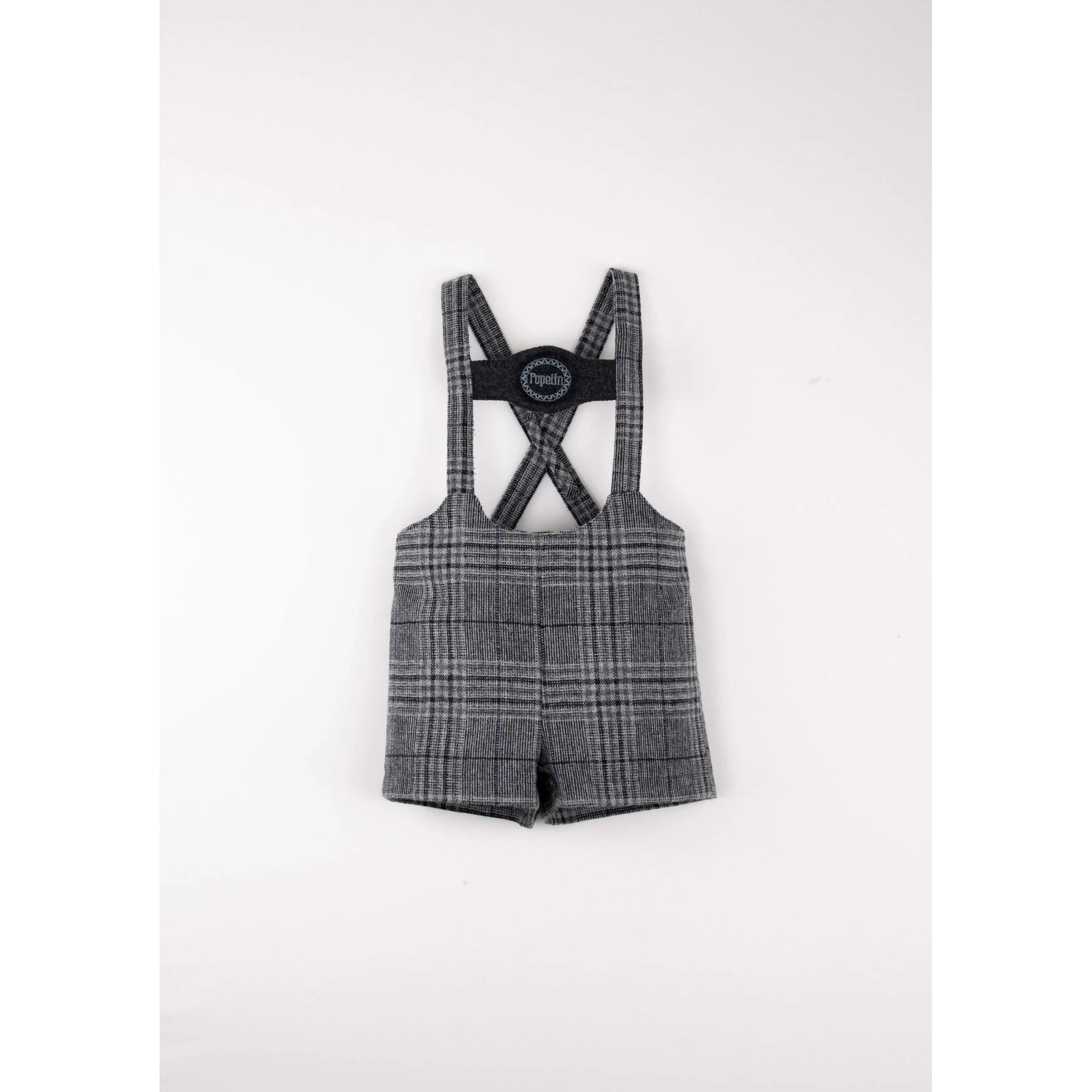 Popelin Grey Plaid Embroidered Short Dungarees
