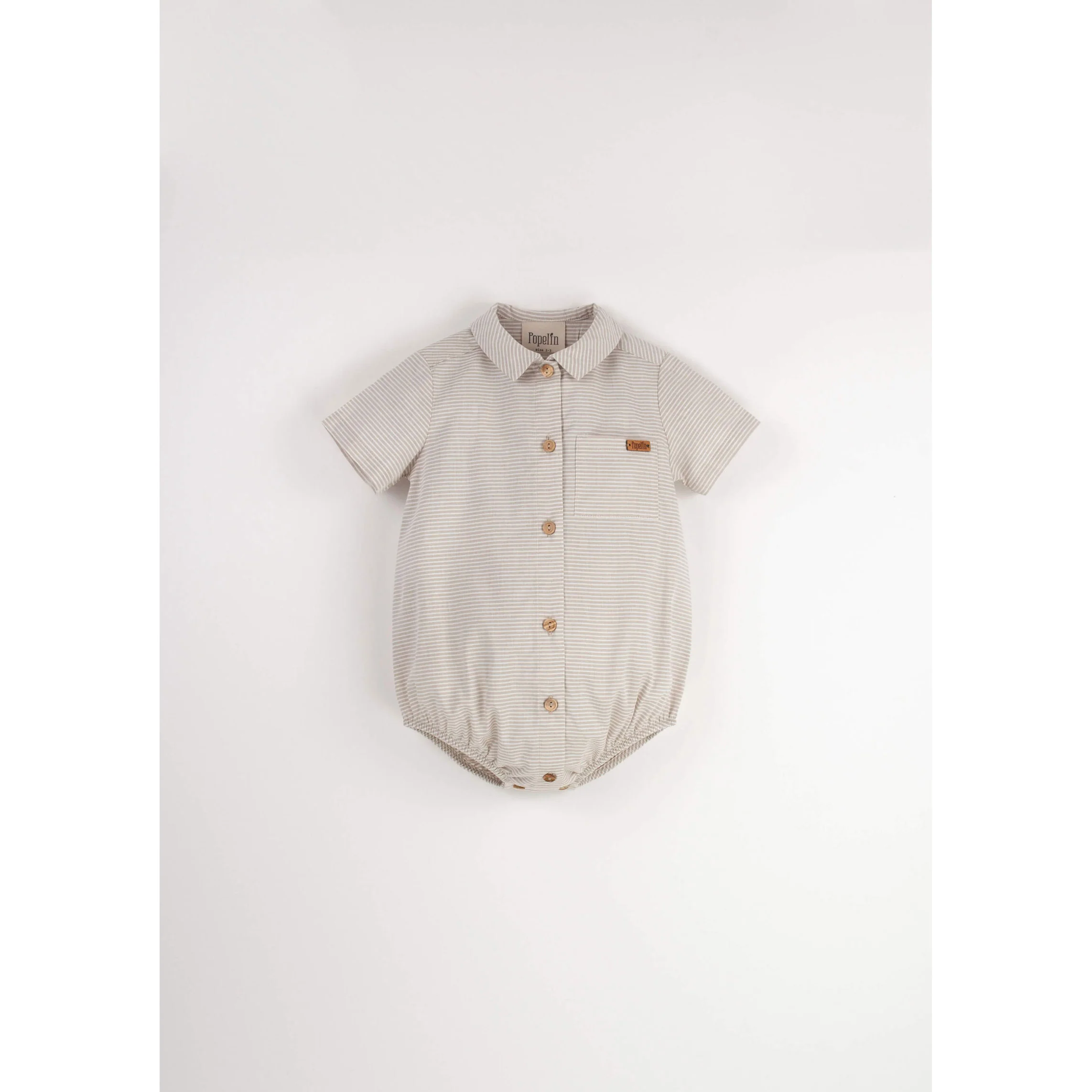 Popelin Sand Striped Shirt Collar Romper