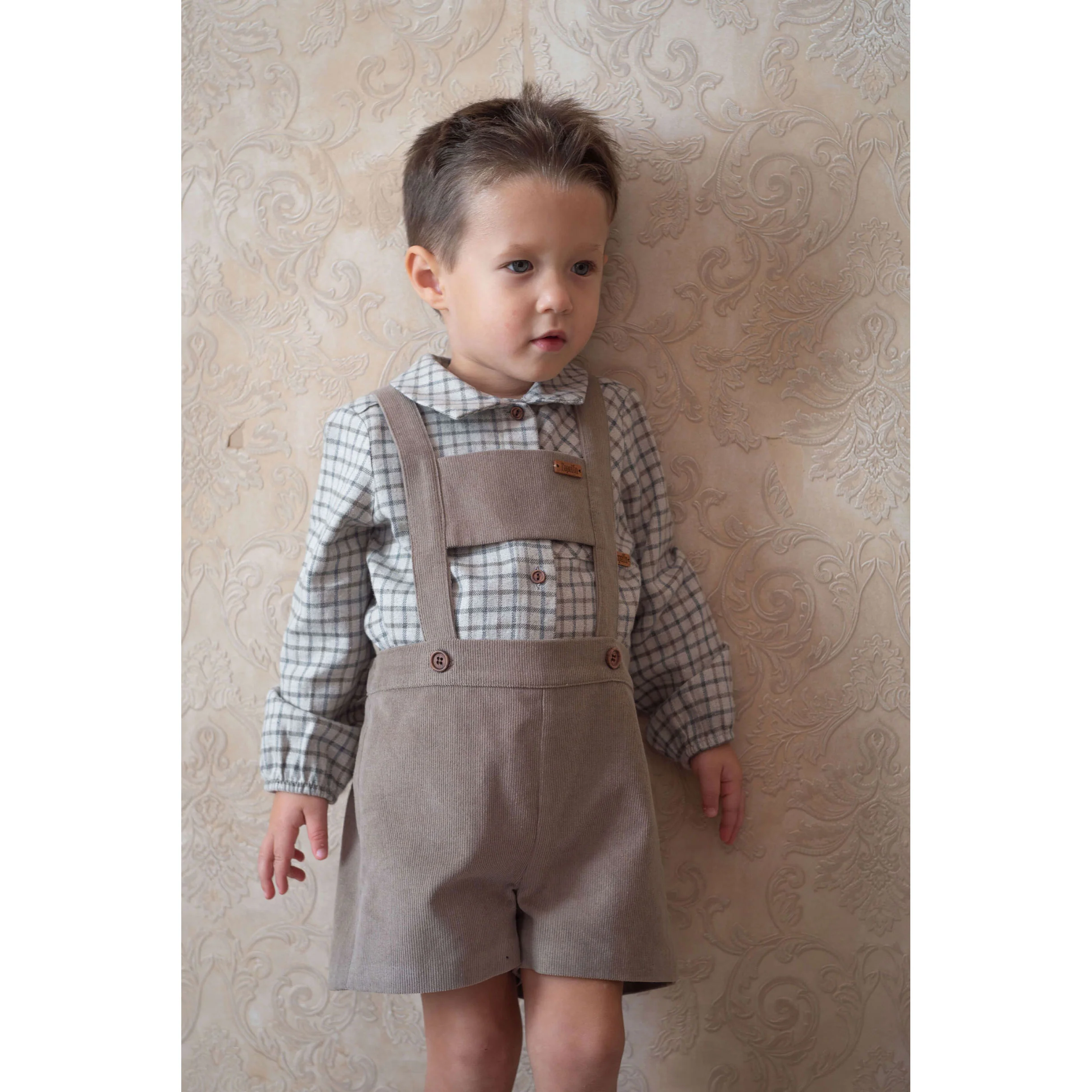 Popelin Taupe Corduroy Suspender Shorts - Image 2