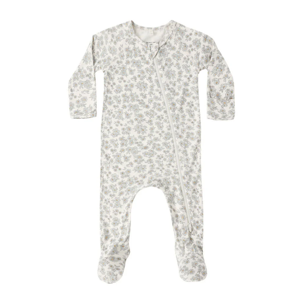 Quincy Mae Blue Floral Bamboo Zip Footie