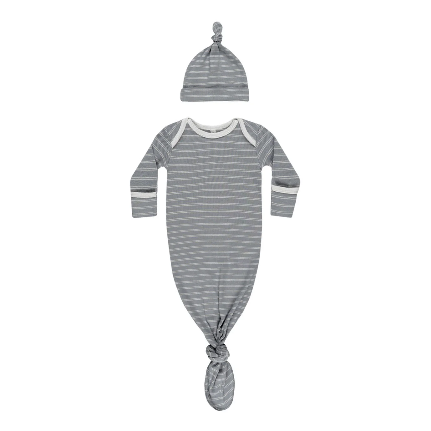 Quincy Mae Blue Pinstripe Knotted Baby Gown + Hat Set