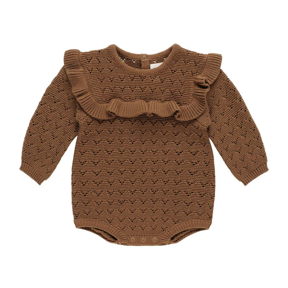 Quincy Mae Cinnamon Long Sleeve Pointelle Ruffle Romper
