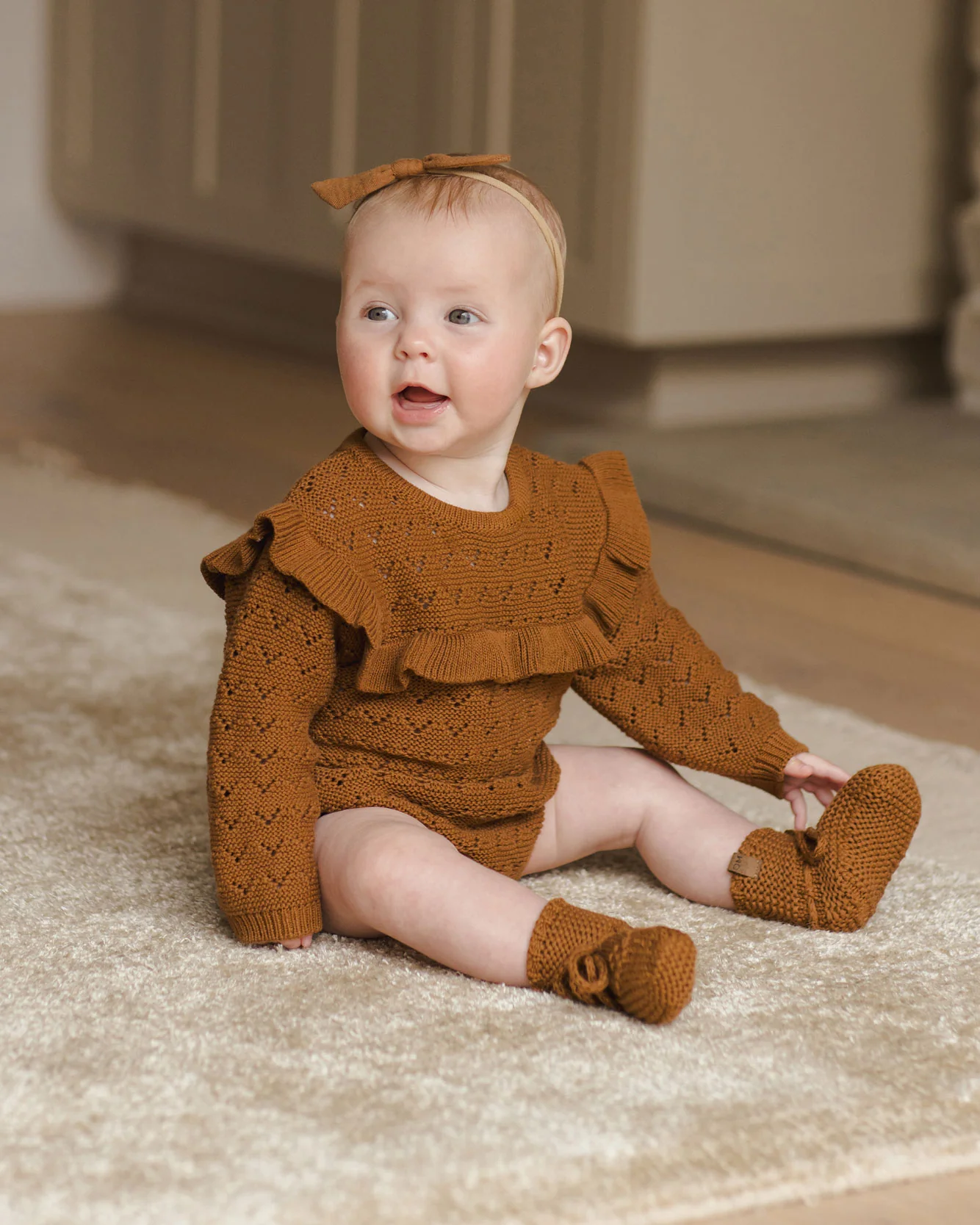 Quincy Mae Cinnamon Long Sleeve Pointelle Ruffle Romper - Image 2