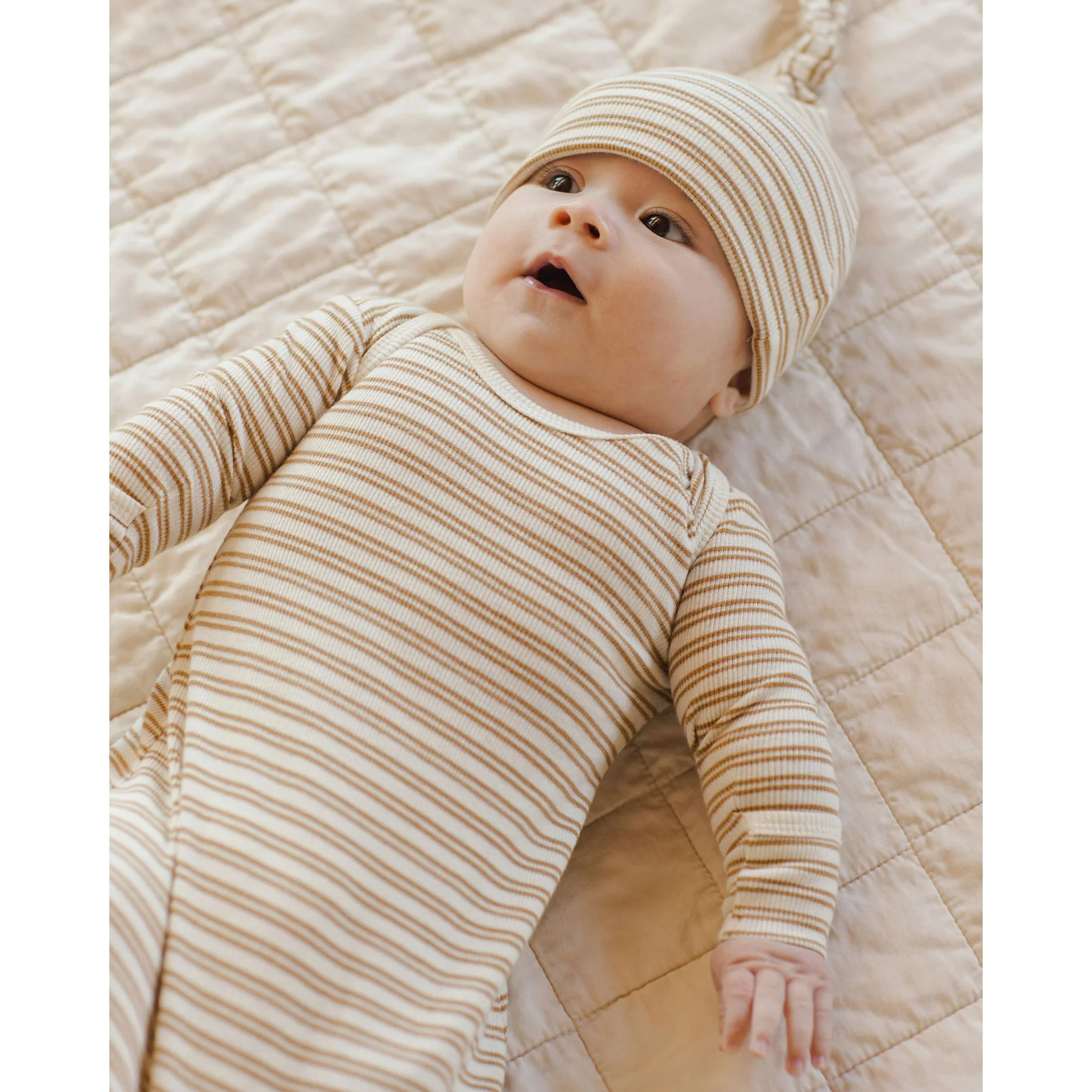 Quincy Mae Golden Stripe Knotted Baby Gown + Hat Set - Image 2