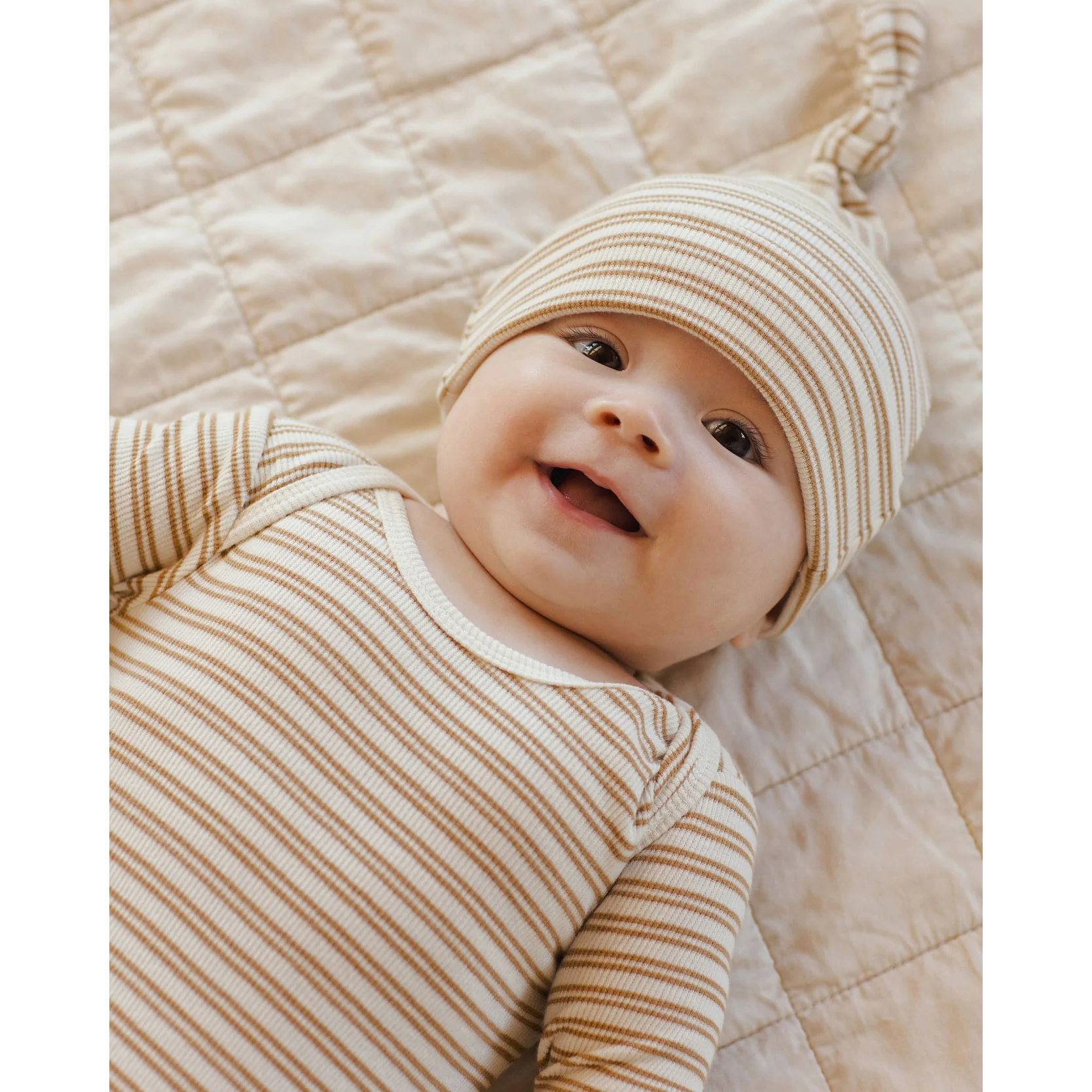Quincy Mae Golden Stripe Knotted Baby Gown + Hat Set - Image 5