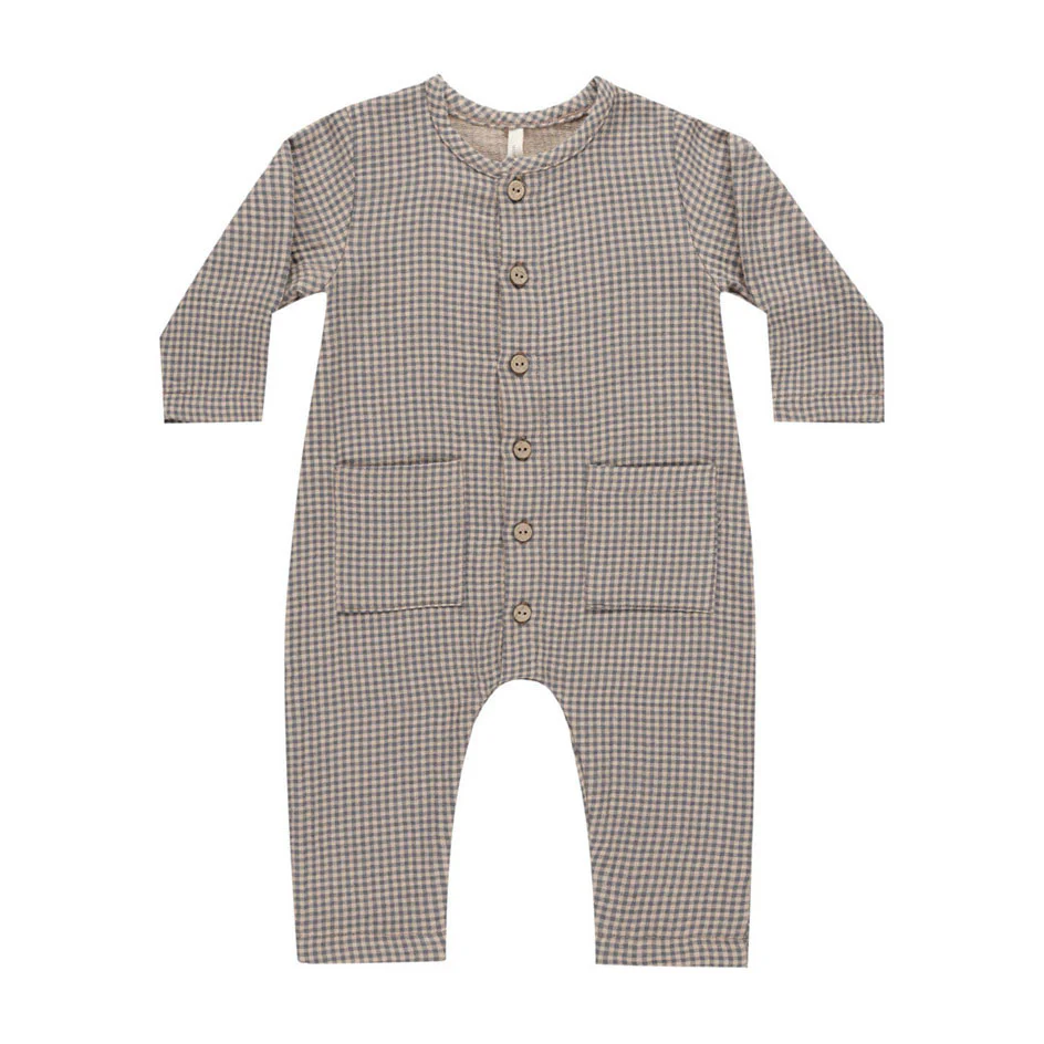 Quincy Mae Indigo Gingham Pocketed Woven Jumpsuit