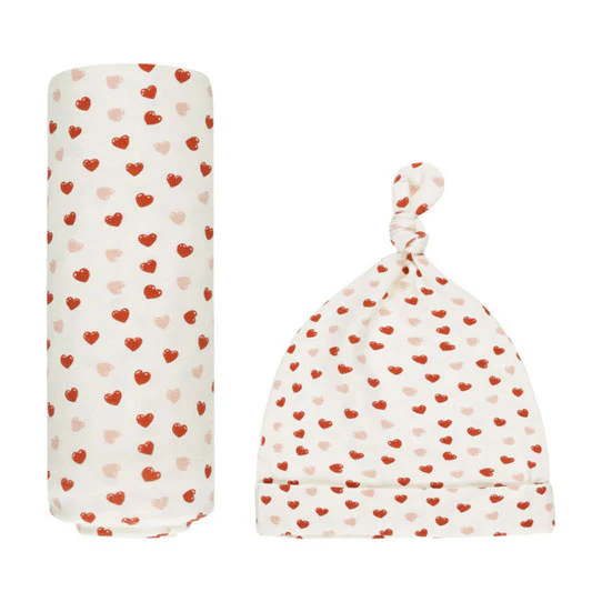 Quincy Mae Ivory Valentines Bamboo Swaddle & Knotted Hat