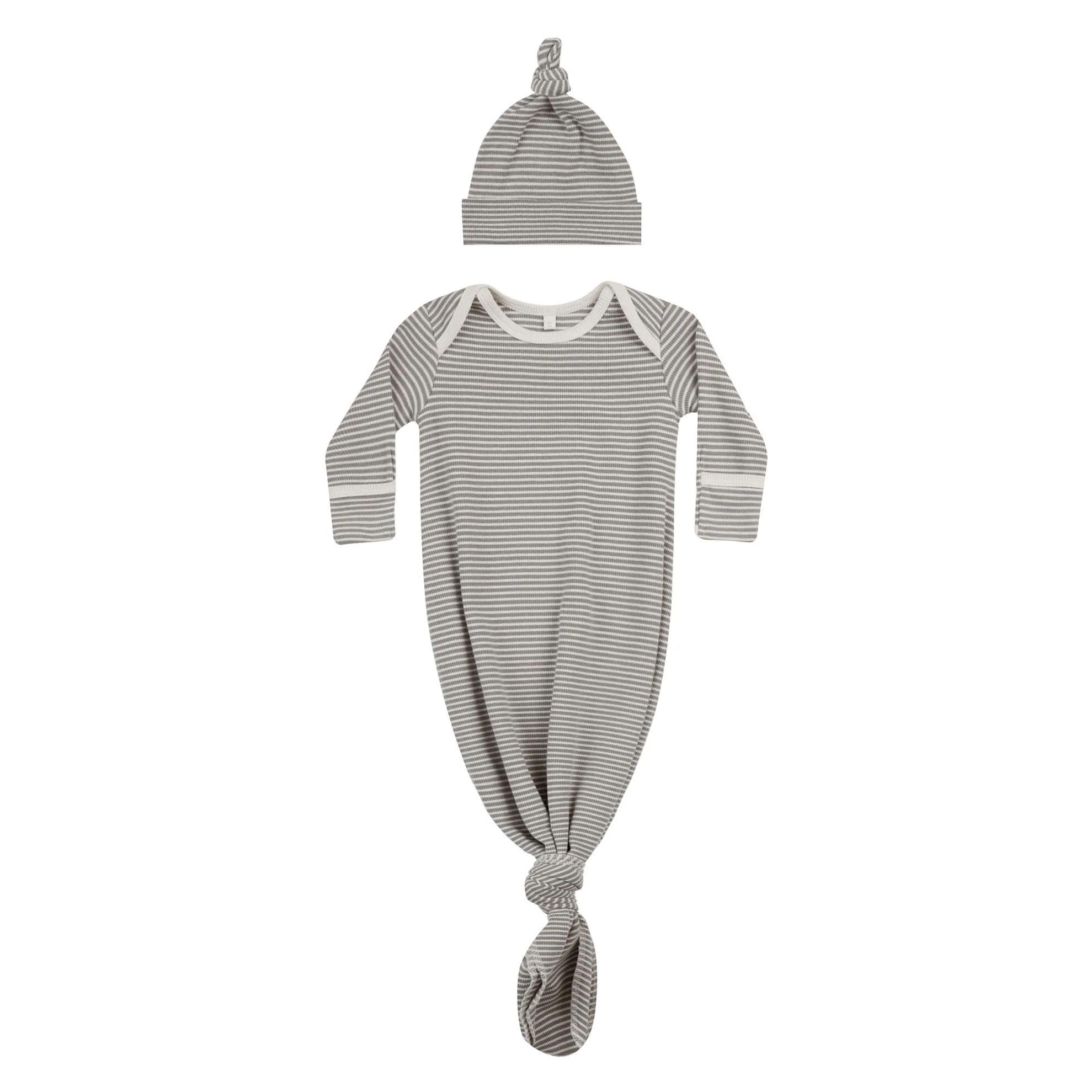 Quincy Mae Lagoon Micro Stripe Knotted Baby Gown + Hat Set