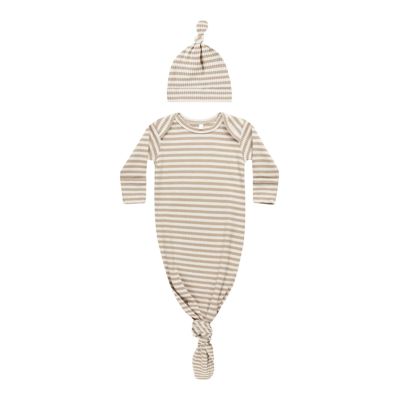 Quincy Mae Latte Stripe Knotted Baby Gown + Hat Set