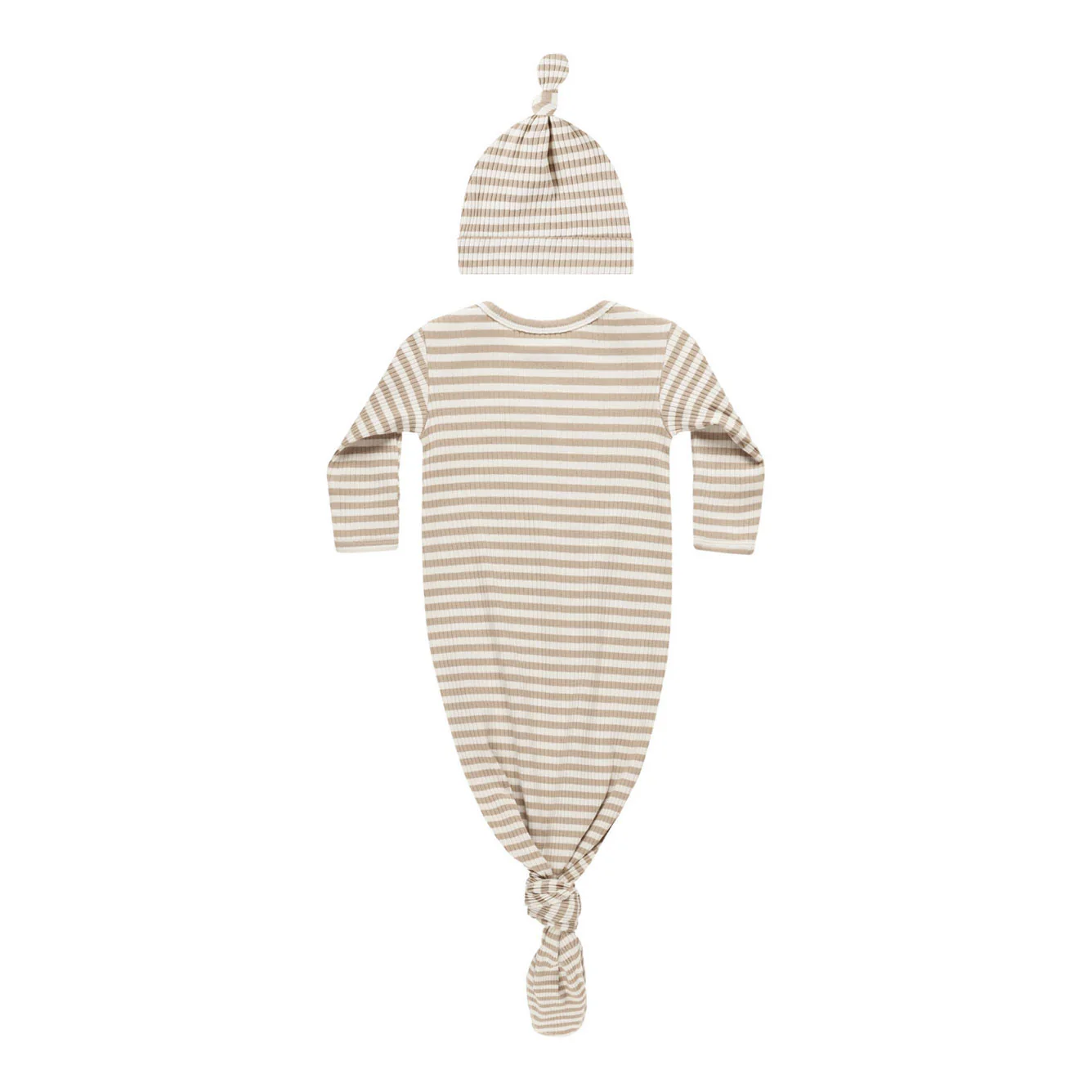 Quincy Mae Latte Stripe Knotted Baby Gown + Hat Set - Image 2