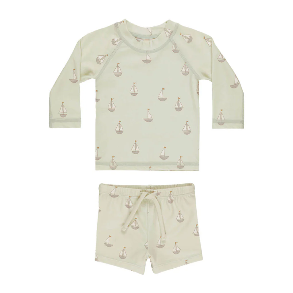 Quincy Mae Mint Sail Boats Finn Rash guard + Short Set