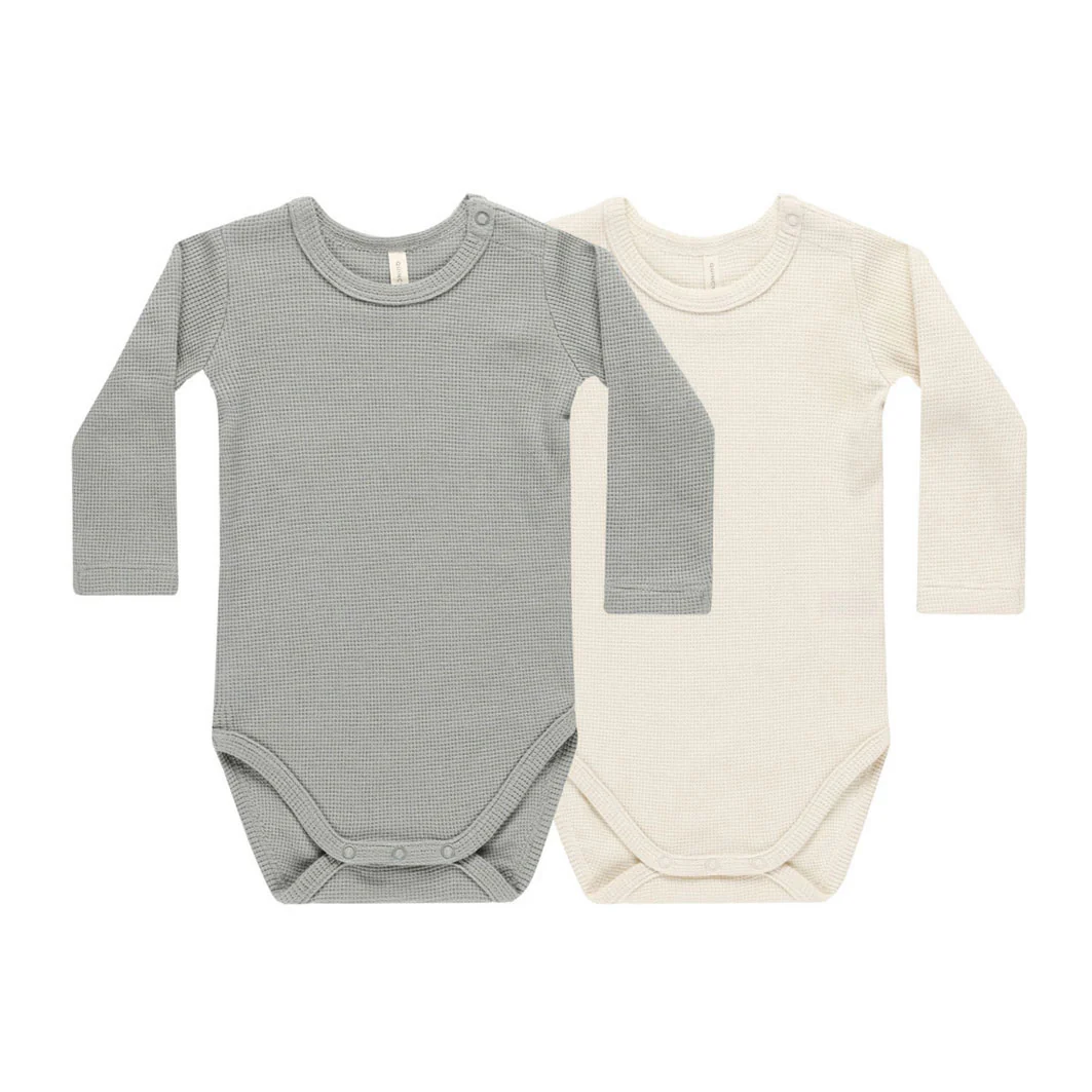 Quincy Mae Natural, Dusty Blue Waffle Bodysuit, 2 Pack