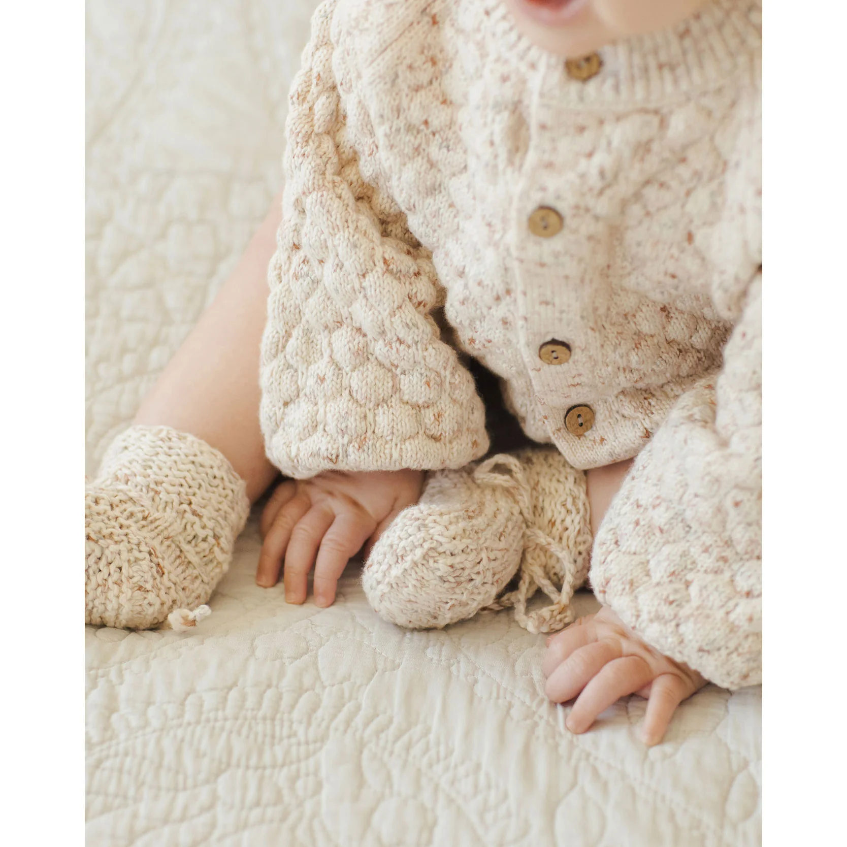 Quincy Mae Natural Speckle Bubble Knit Cardigan - Image 3
