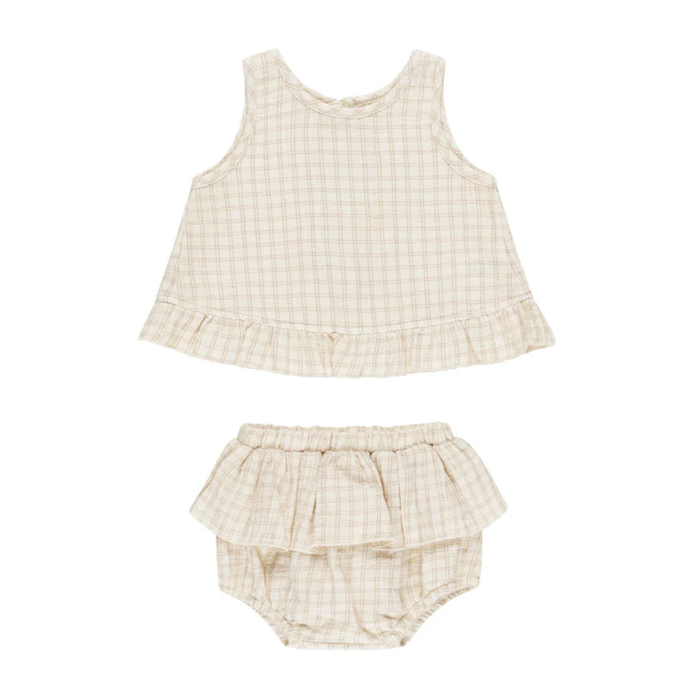 Quincy Mae Oat Check Ruffled Tulip Top + Bloomer Set