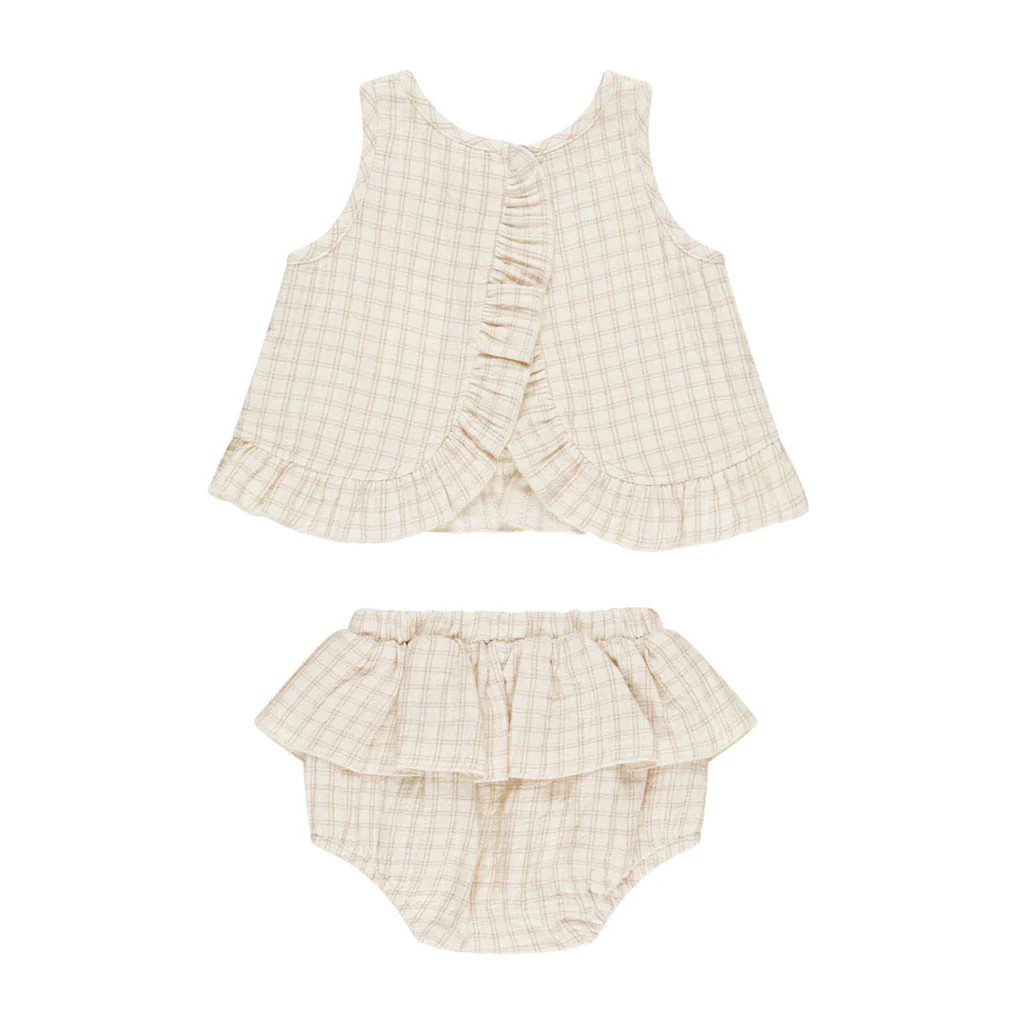 Quincy Mae Oat Check Ruffled Tulip Top + Bloomer Set - Image 3