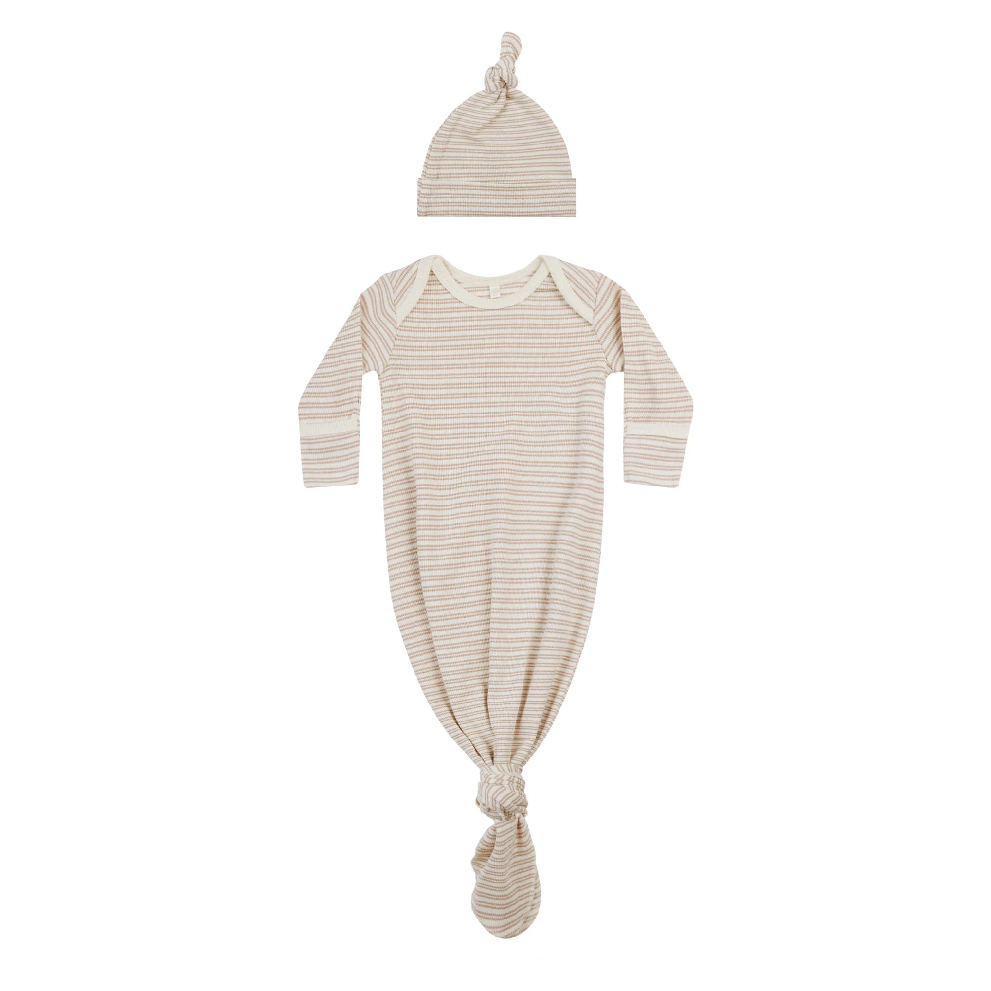 Quincy Mae Oat Stripe Knotted Baby Gown + Hat Set