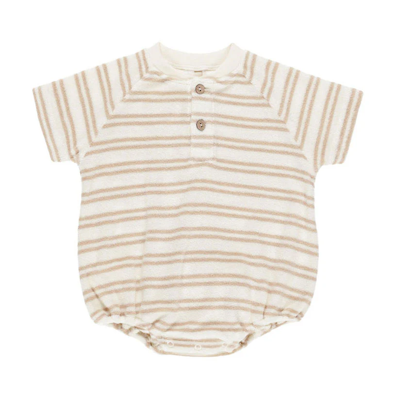 Quincy Mae Oat Stripe Terry Henley Romper