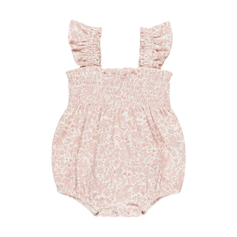 Quincy Mae Pink Blossom Smocked Ruffle Sleeve Romper