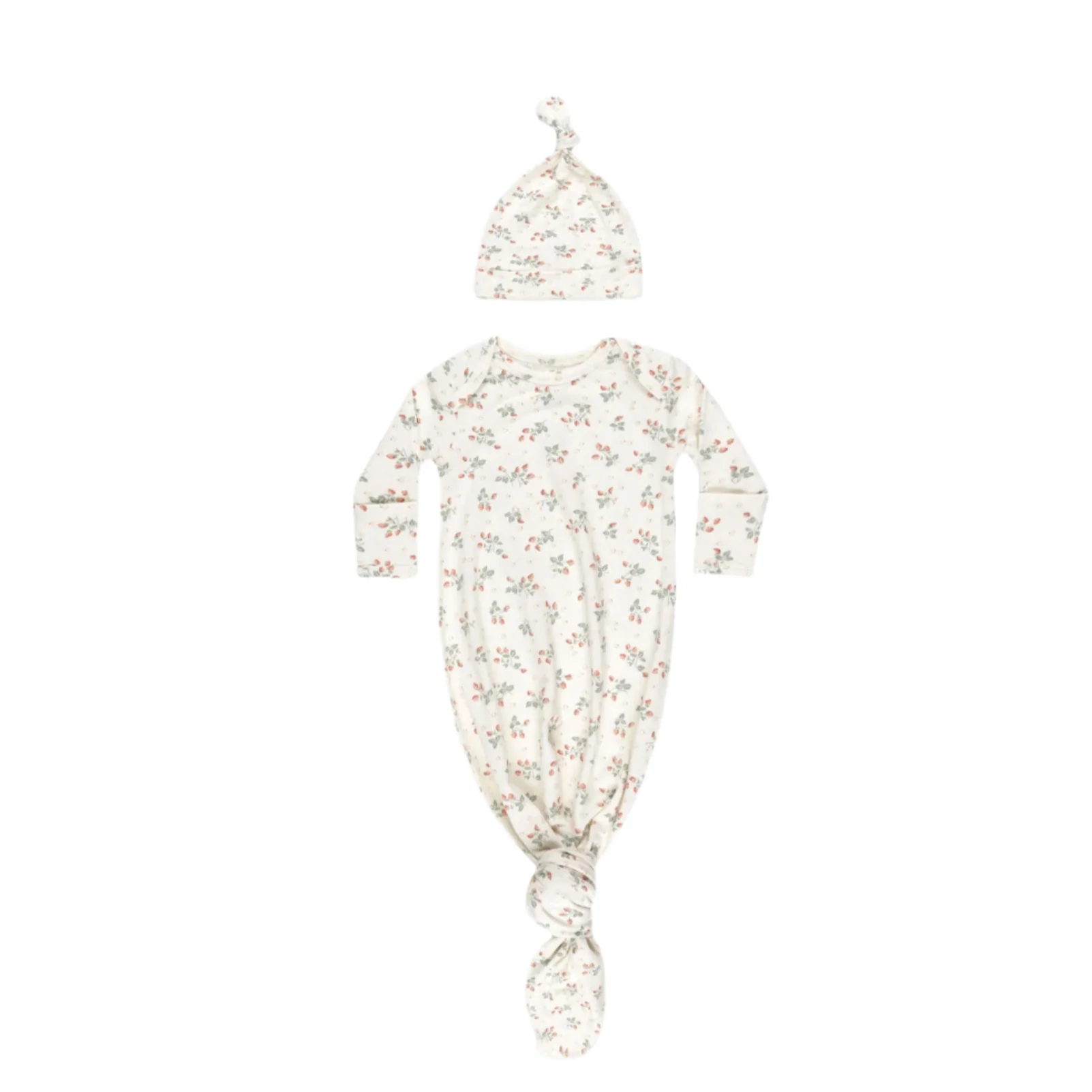 Quincy Mae Strawberries Knotted Baby Gown + Hat Set