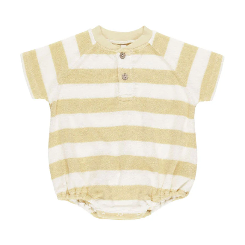 Quincy Mae Yellow Stripe Terry Henley Romper