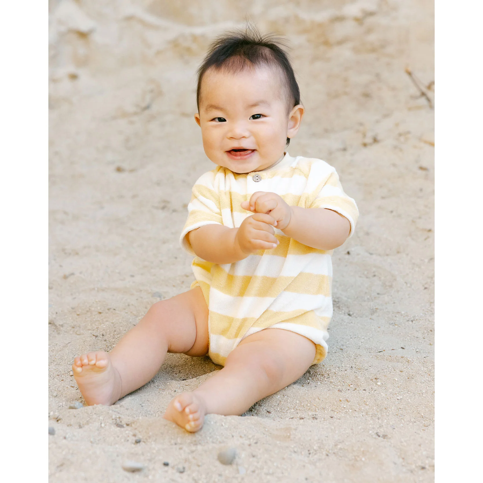 Quincy Mae Yellow Stripe Terry Henley Romper - Image 2