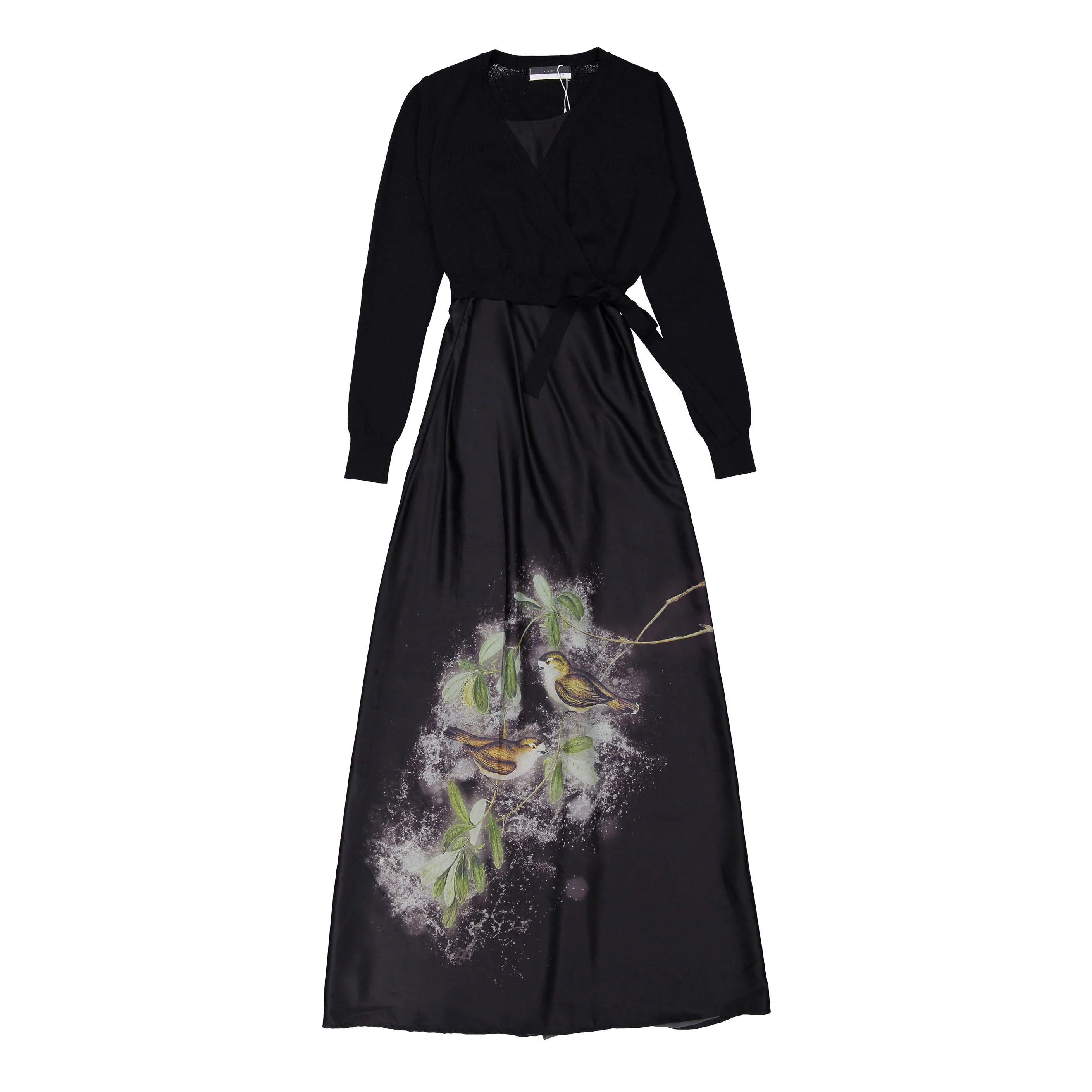 ROWE Black Knit Overlay Bird Printed Slip Dress