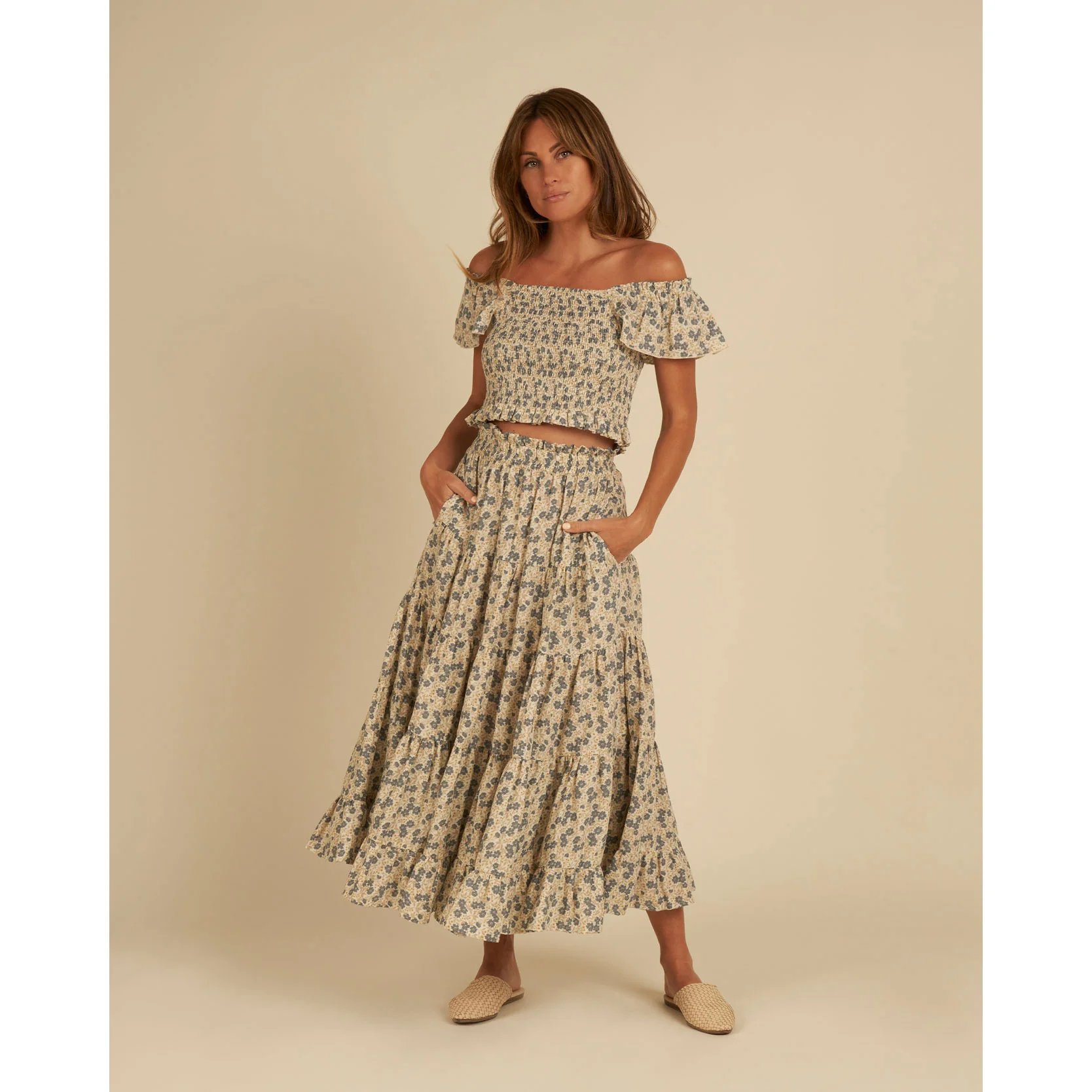 Rylee and Cru Blue Ditsy Womens Ruffle Tiered Maxi Skirt