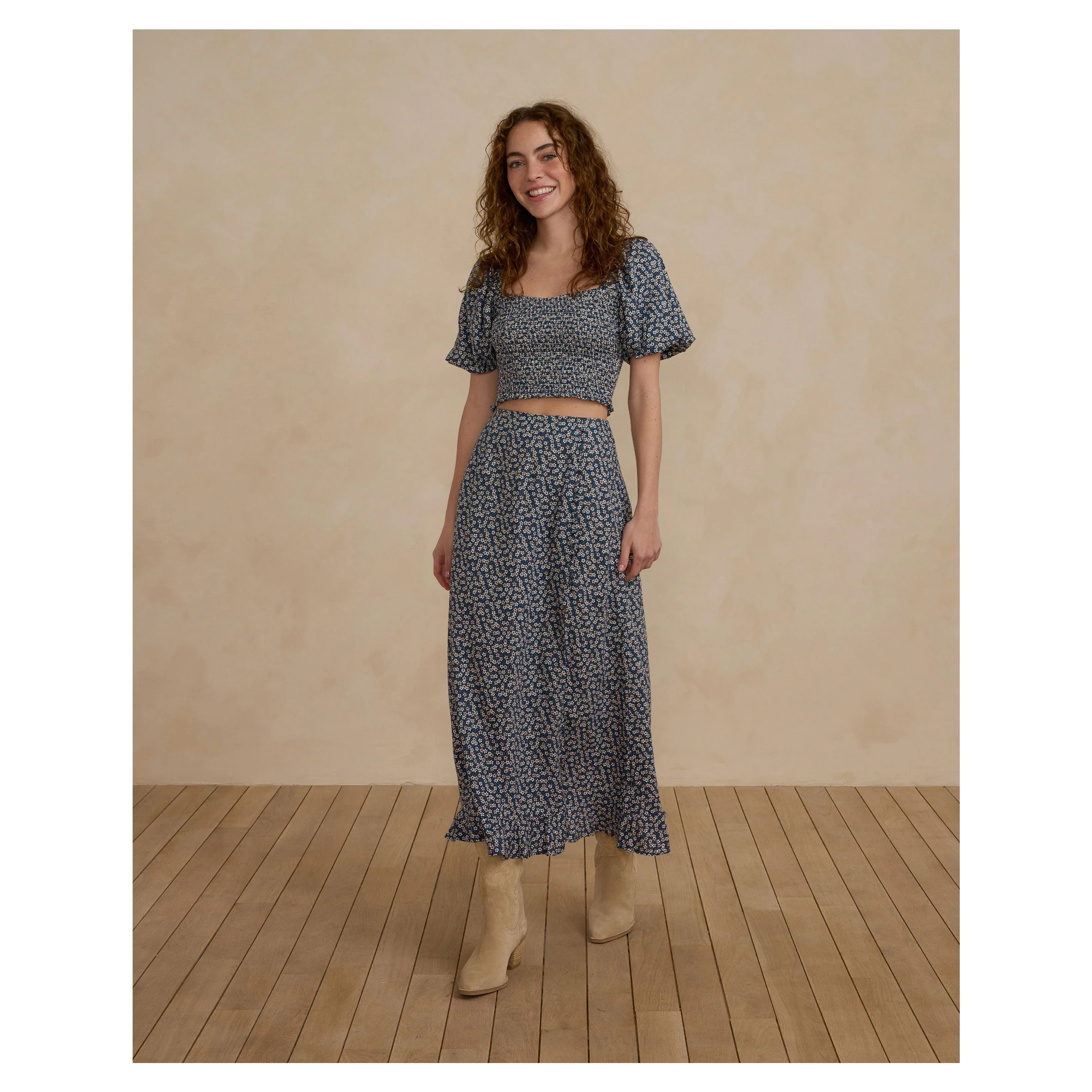 Rylee and Cru Blue Floral Button Slit Womens Skirt