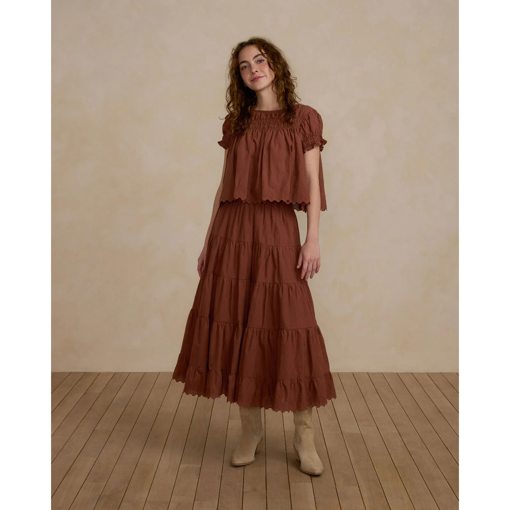 Rylee and Cru Brick Ruffle Tiered Midi Women Skirt