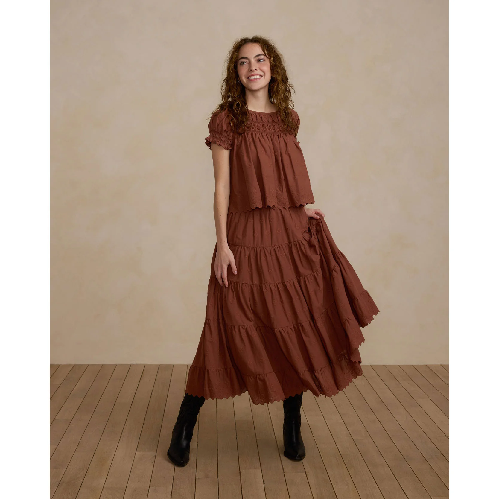 Rylee and Cru Brick Ruffle Tiered Midi Women Skirt - Image 2