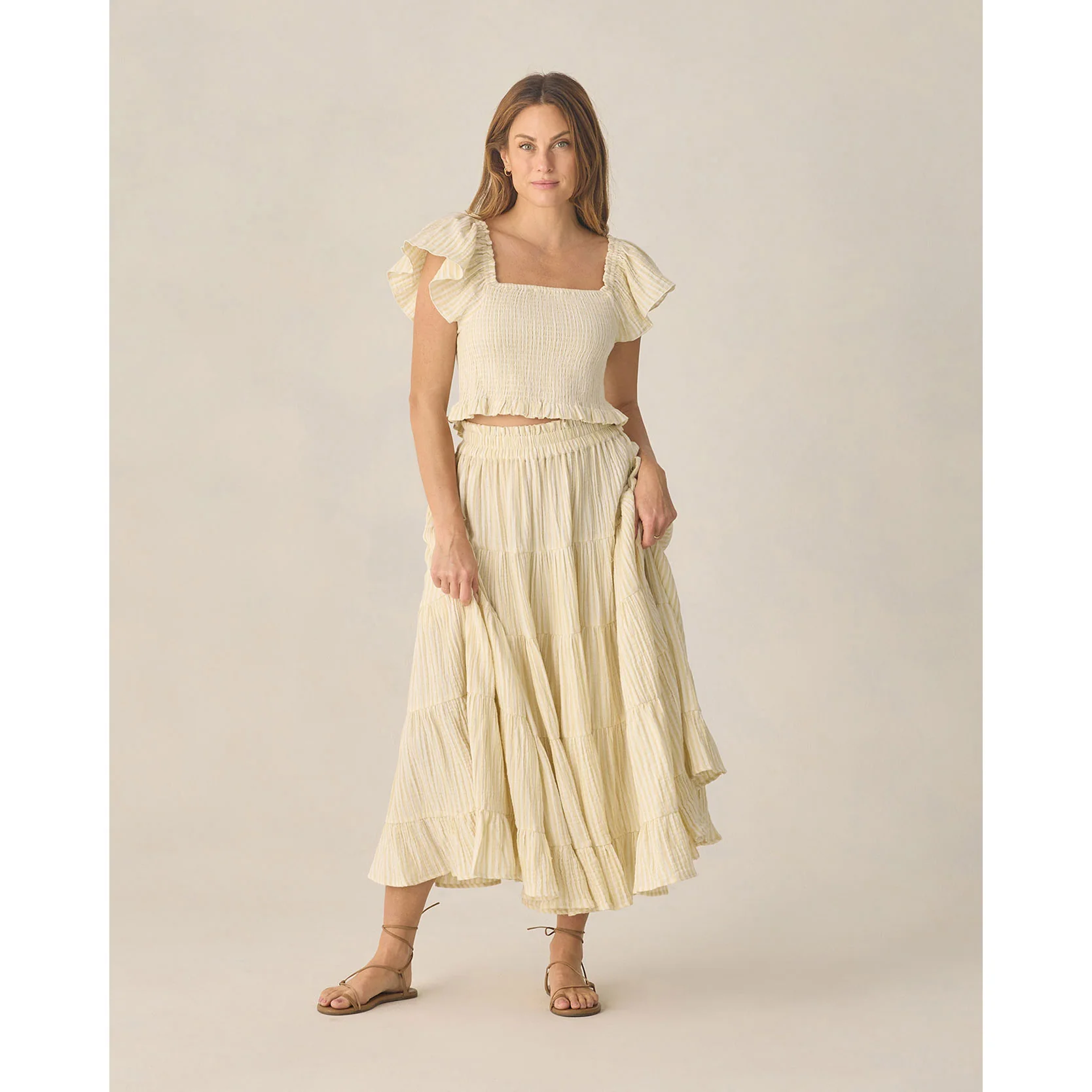 Rylee and Cru Citron Stripe Ruffle Tiered Women Maxi Skirt