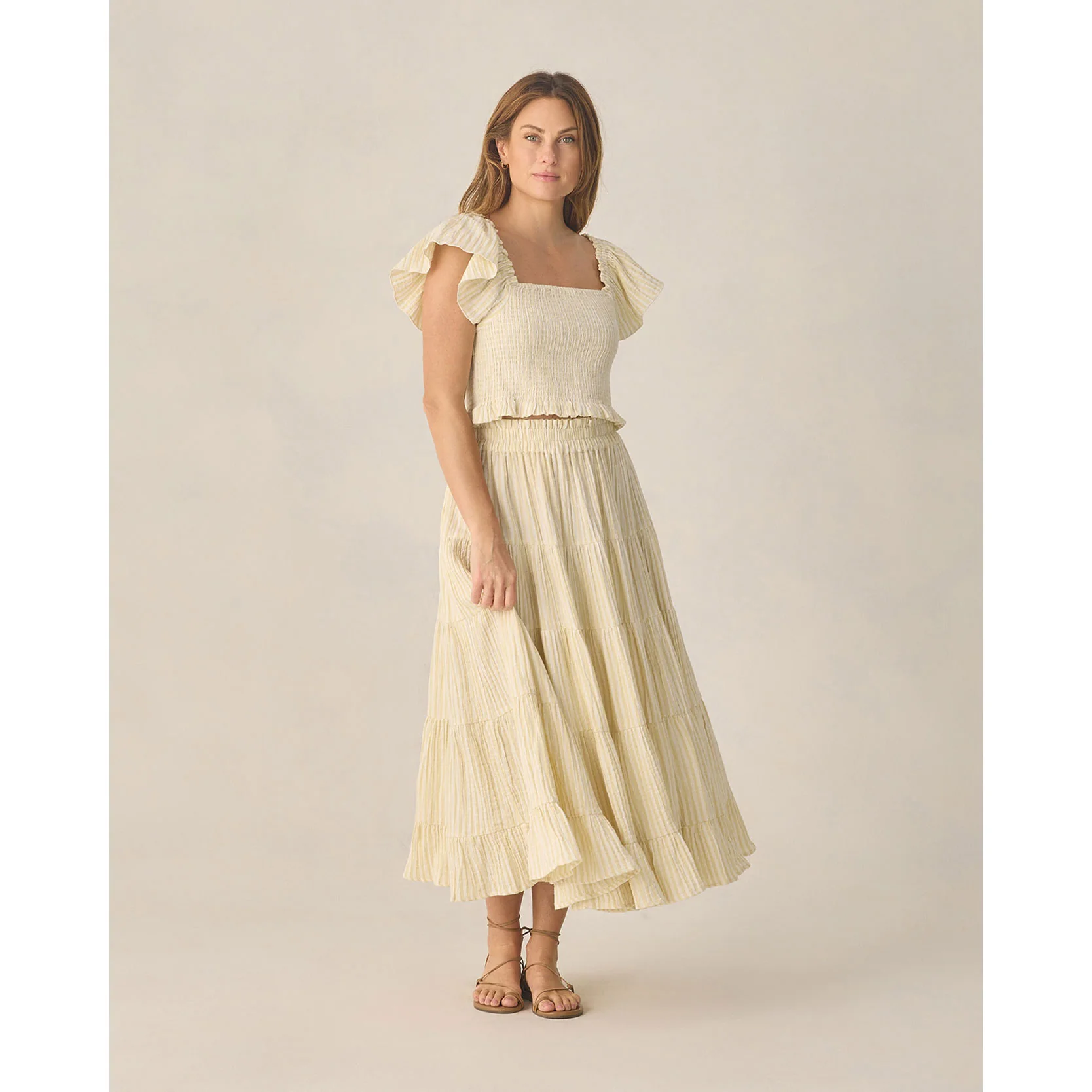 Rylee and Cru Citron Stripe Ruffle Tiered Women Maxi Skirt - Image 2