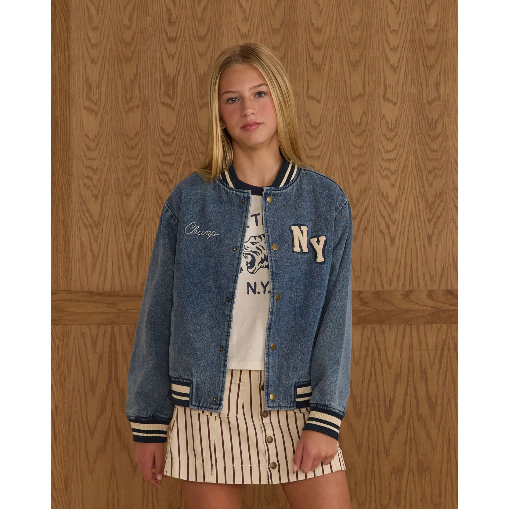 Rylee and Cru Indigo Denim Teen Varsity Jacket - Image 3
