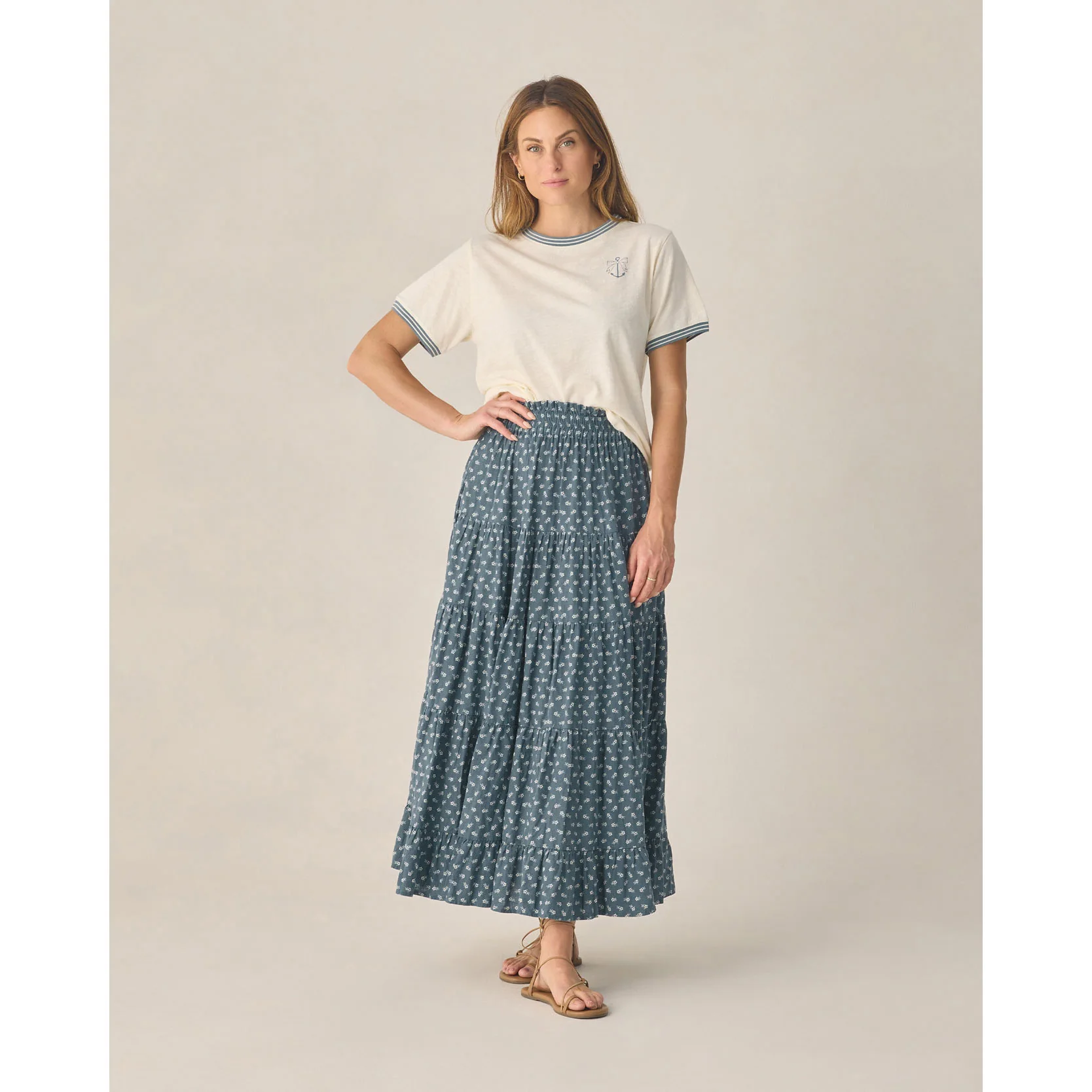 Rylee and Cru Marine Ditsy Women's Ruffle Tiered Maxi Skirt