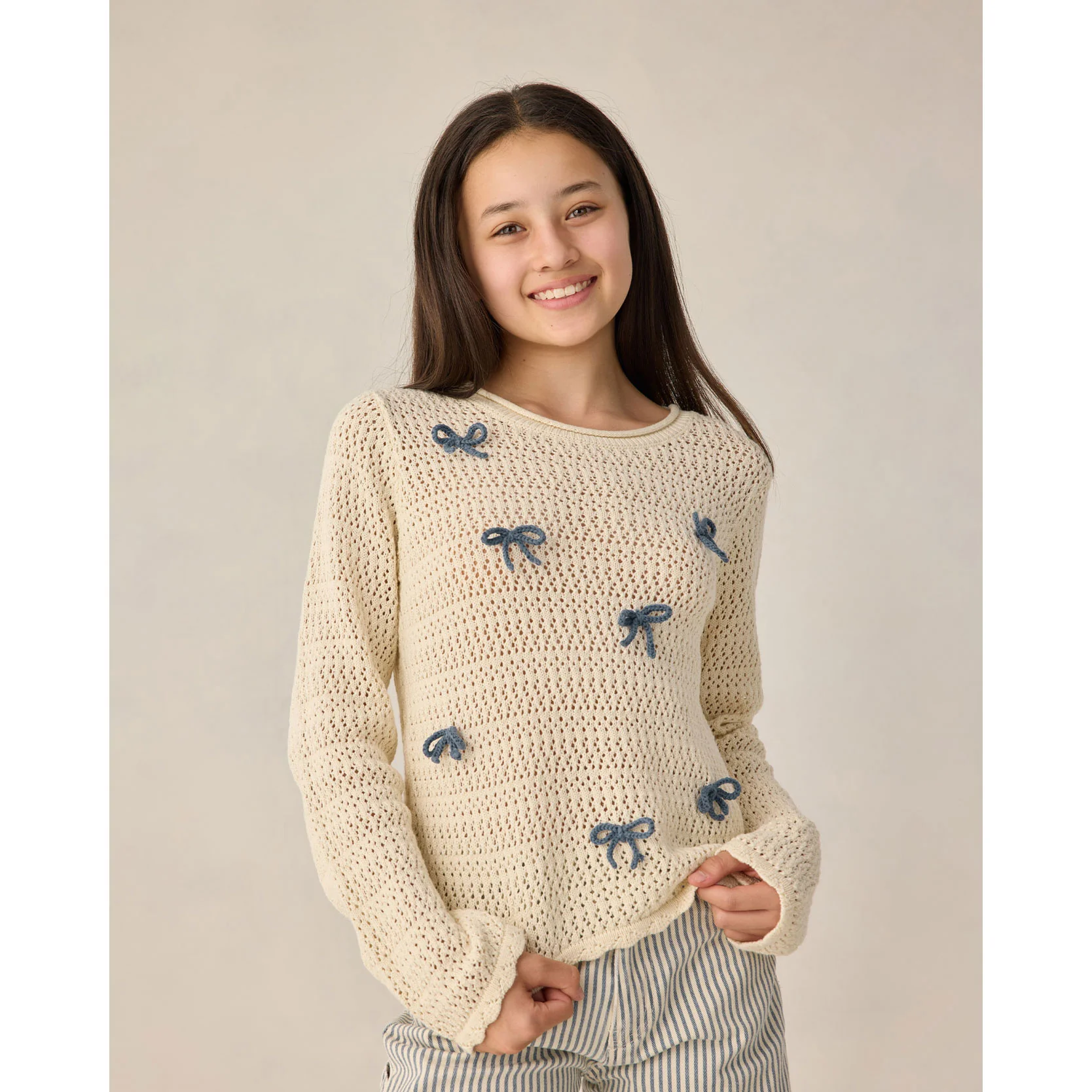 Rylee and Cru  Natural  Bows Teen Crochet Knit Pullover - Image 3