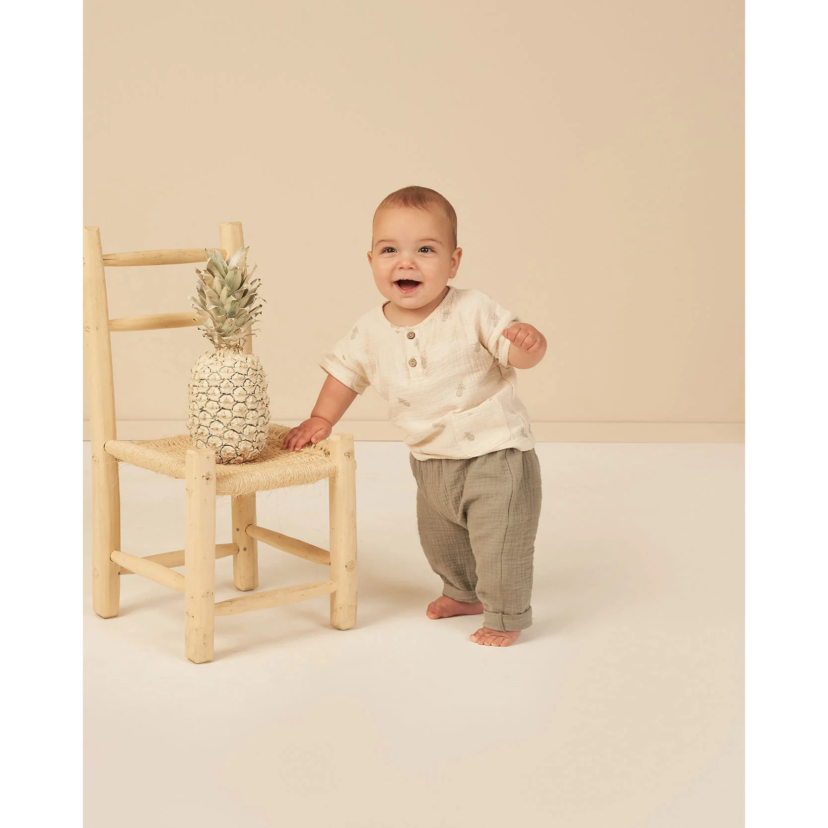 Rylee and Cru Natural Woven Henley Tee - Pineapple - Image 2