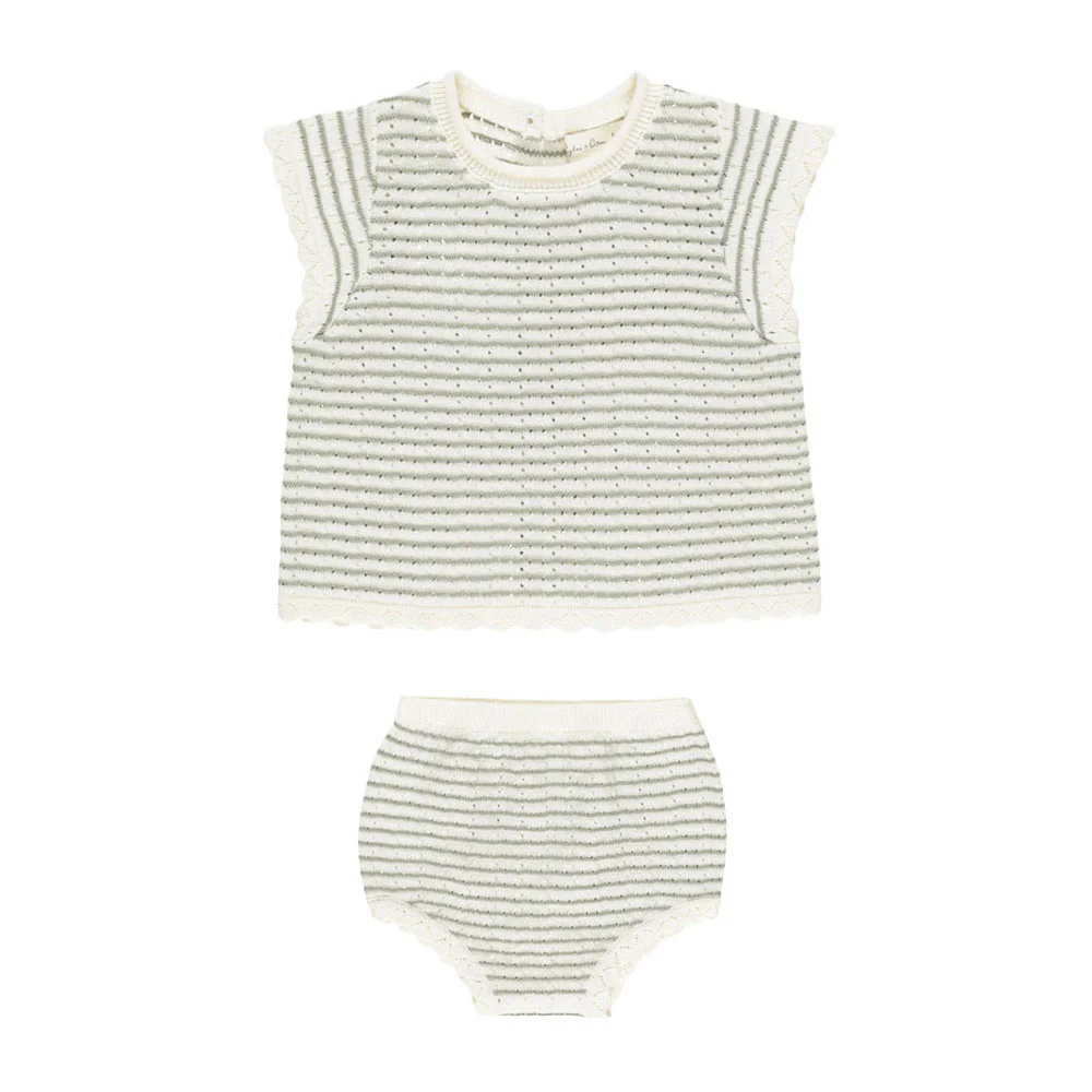 Rylee and Cru Sage Stripe Scallop Knit Baby Set