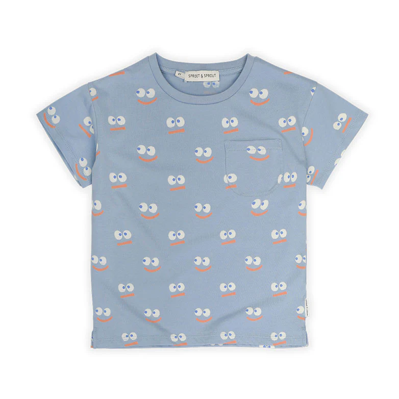 Sproet and Sprout Misty Blue Smiley Pocket Tee