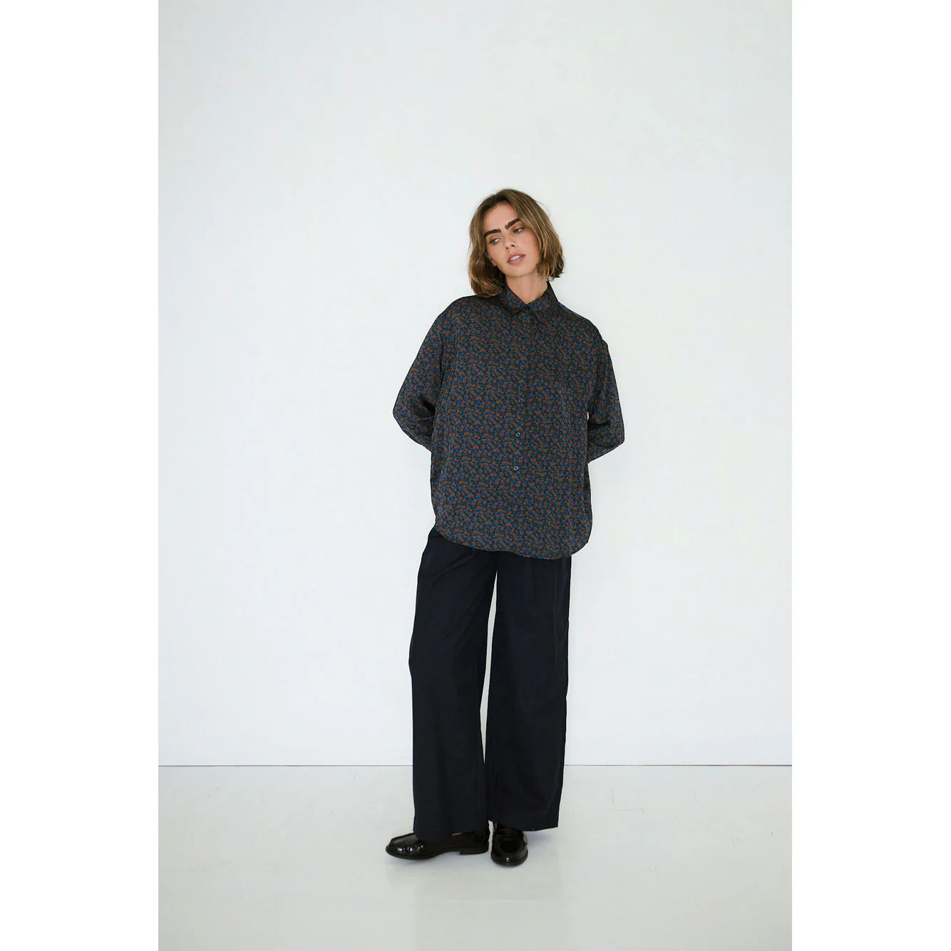 The Tiny Big Sister Light Navy Small Flowers Relaxed Womens Shirt - Image 2