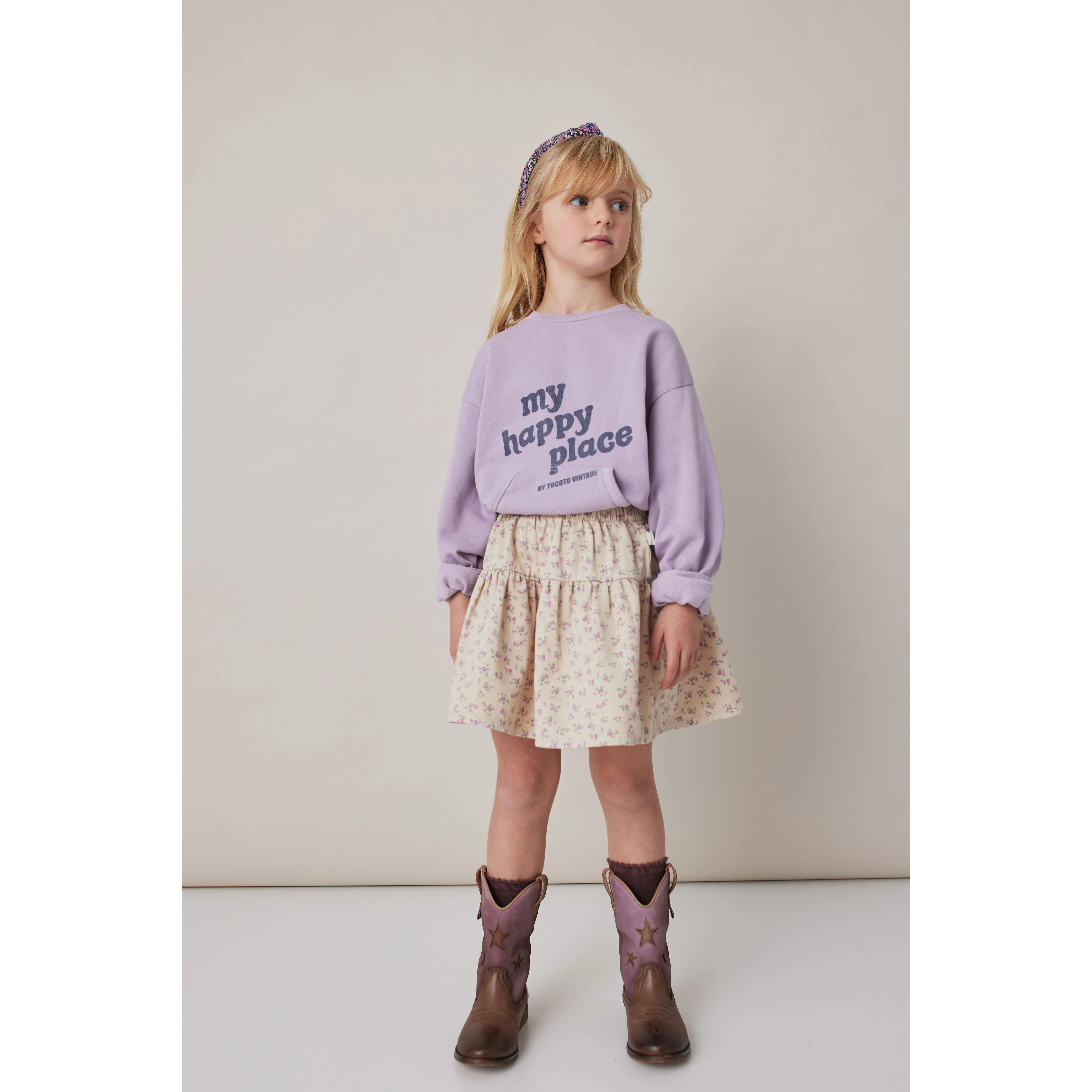 Tocoto Vintage Beige Flower Print Flared Skirt - Image 2