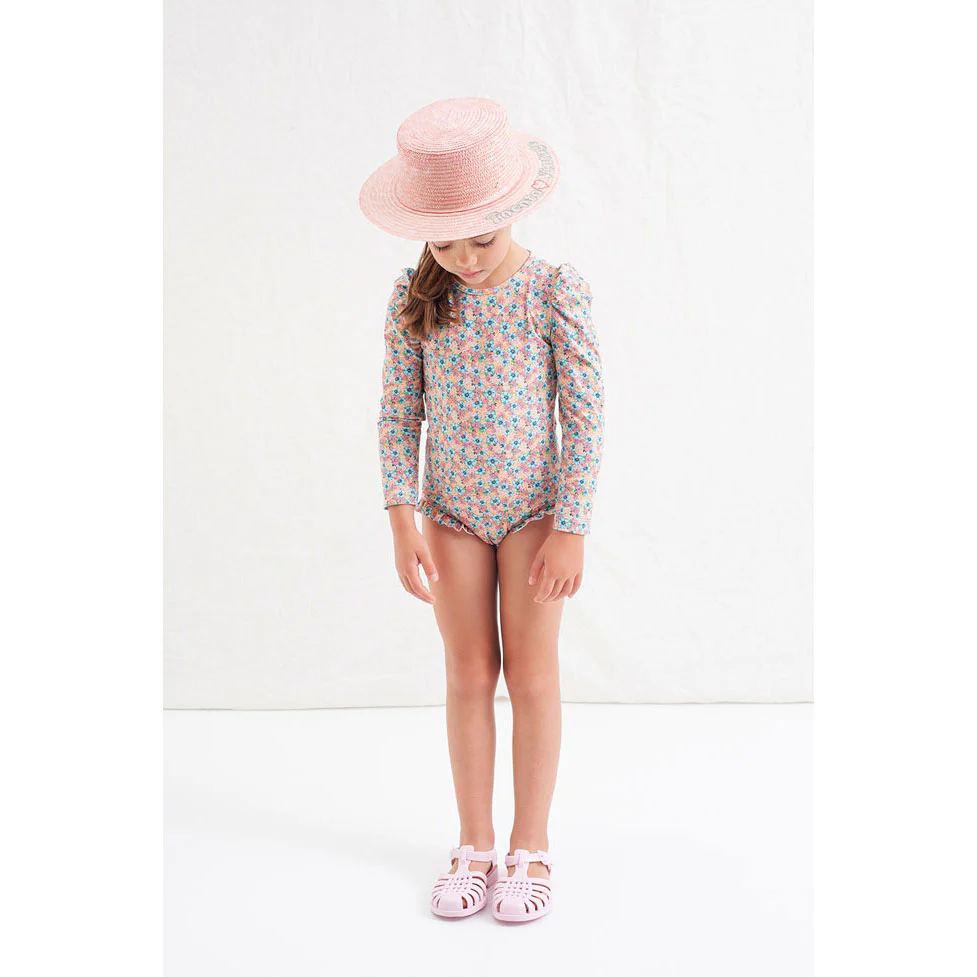 Tocoto Vintage Pink Flowers Ruffle Long Sleeve Swimsuit - Image 2