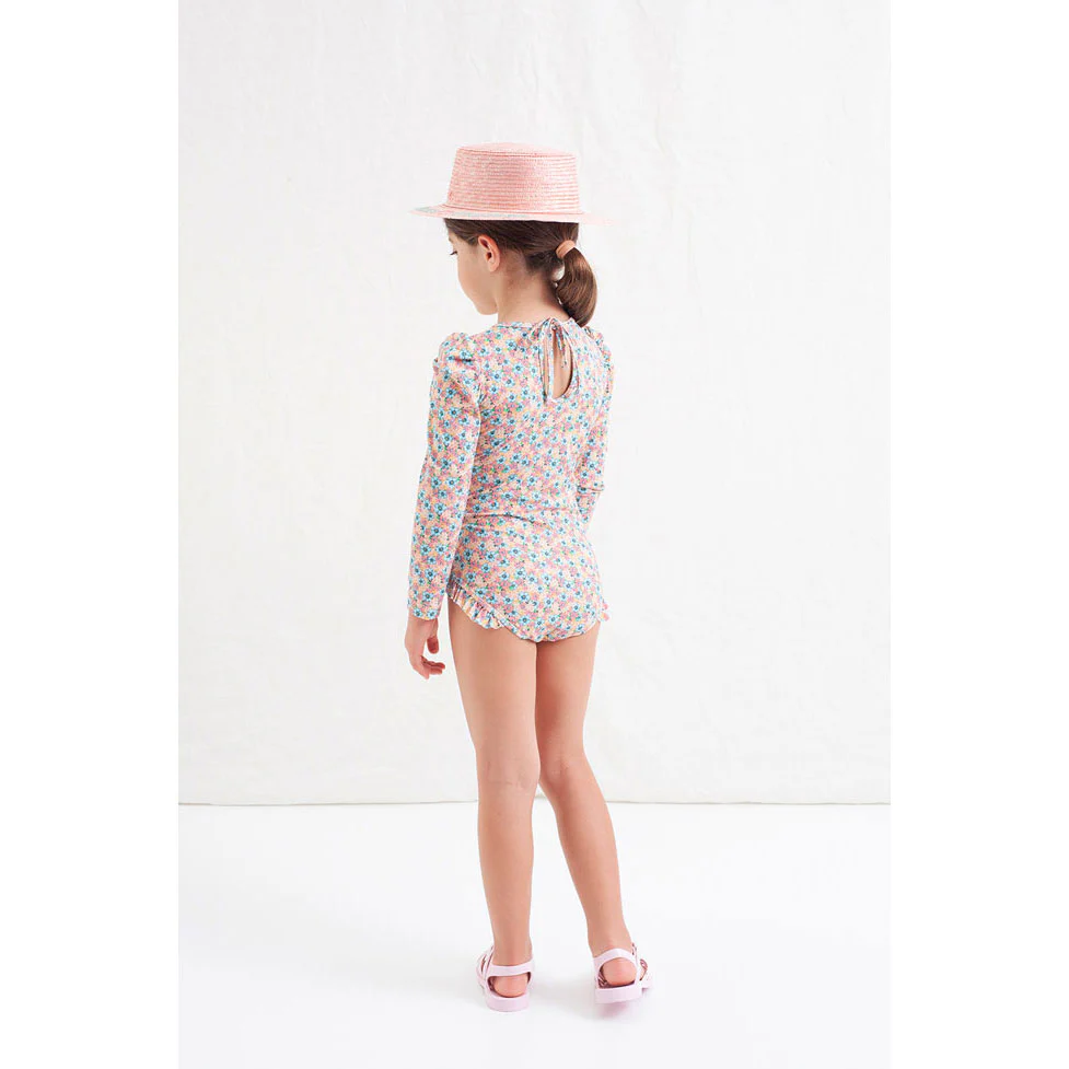 Tocoto Vintage Pink Flowers Ruffle Long Sleeve Swimsuit - Image 3